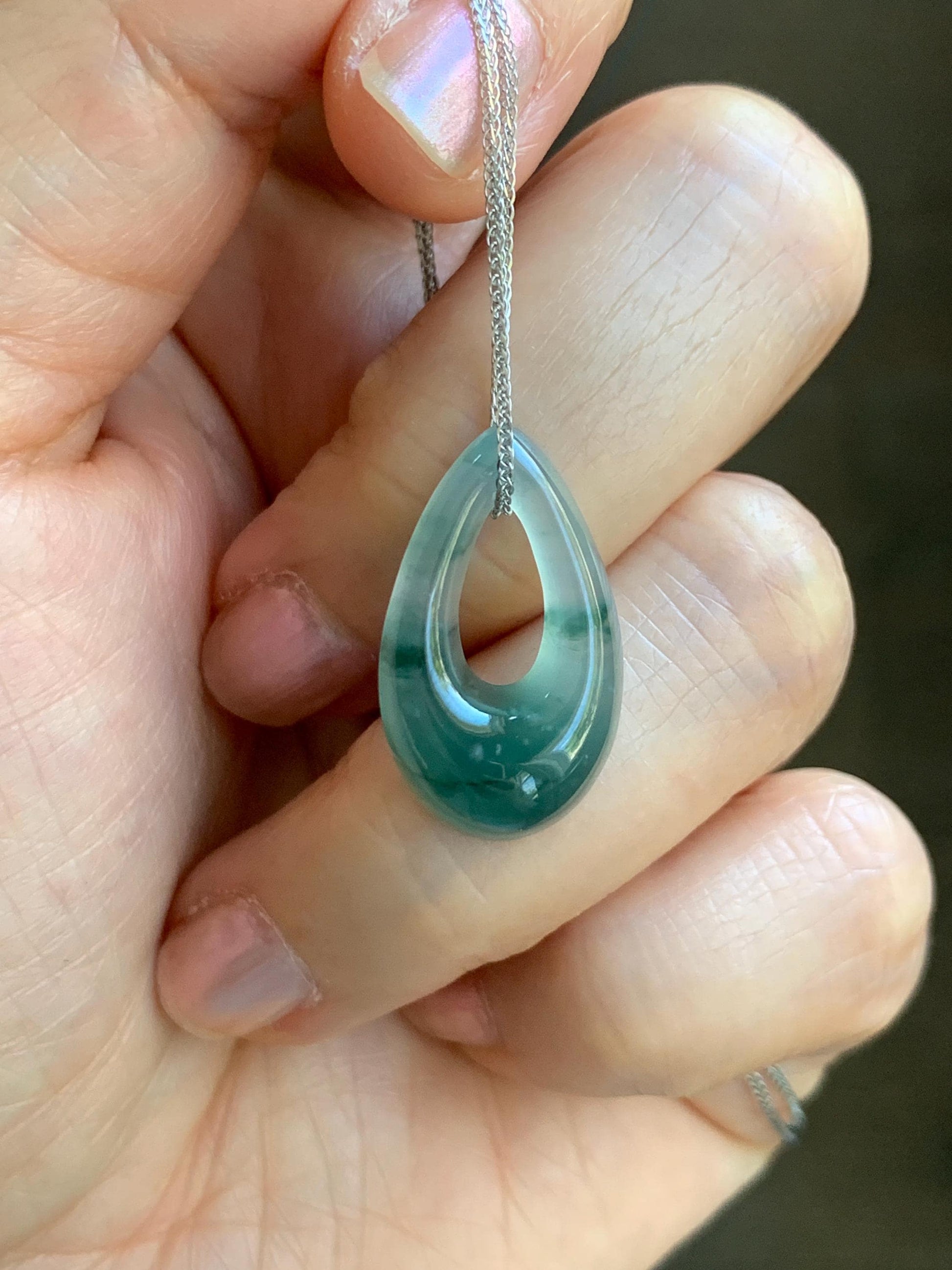 Natural Grade A Guatemalan Icy Translucent Light Teal Marbled Jade Jadeite Teardrop Pendant Necklace Sterling Silver 17” 天然冰危飘花翡翠水滴项链 WSD88A