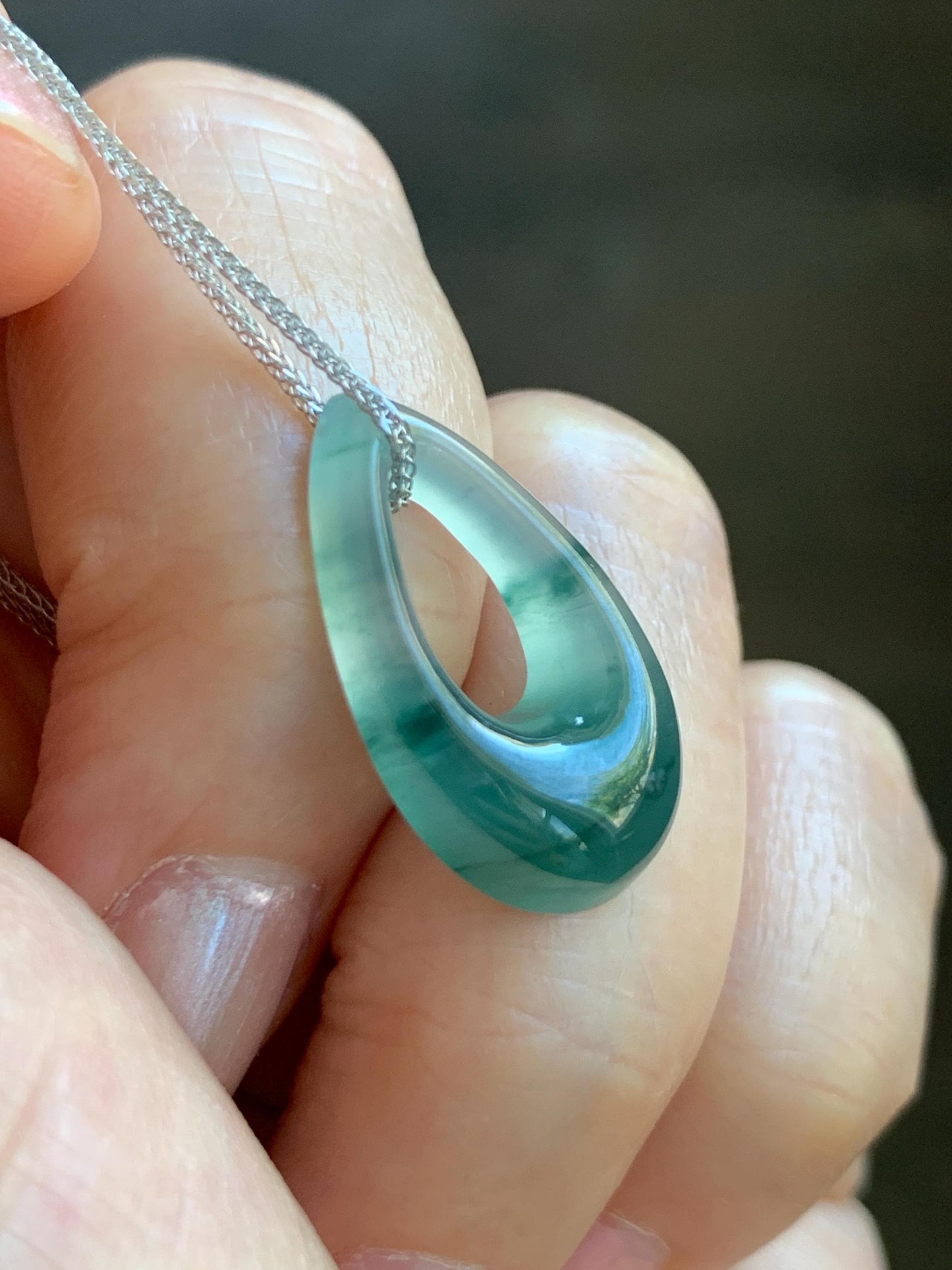 Natural Grade A Guatemalan Icy Translucent Light Teal Marbled Jade Jadeite Teardrop Pendant Necklace Sterling Silver 17” 天然冰危飘花翡翠水滴项链 WSD88A