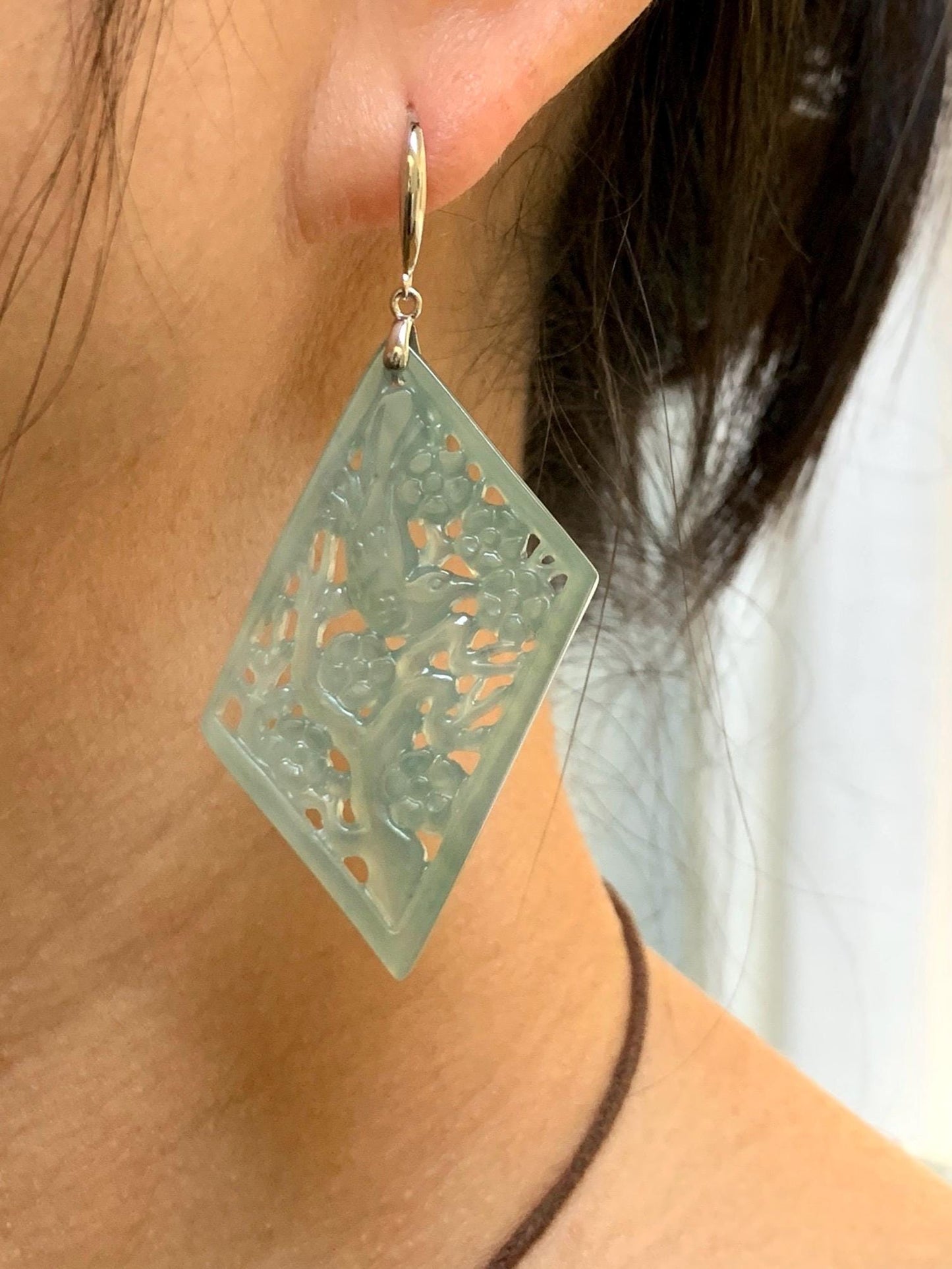 Natural Grade A Guatemalan Icy Translucent Dusty Blue Jade Jadeite Openwork Engraved Earrings Sterling Silver 天然冰危暗蓝翡翠镂空雕银耳钩 WXQ110B