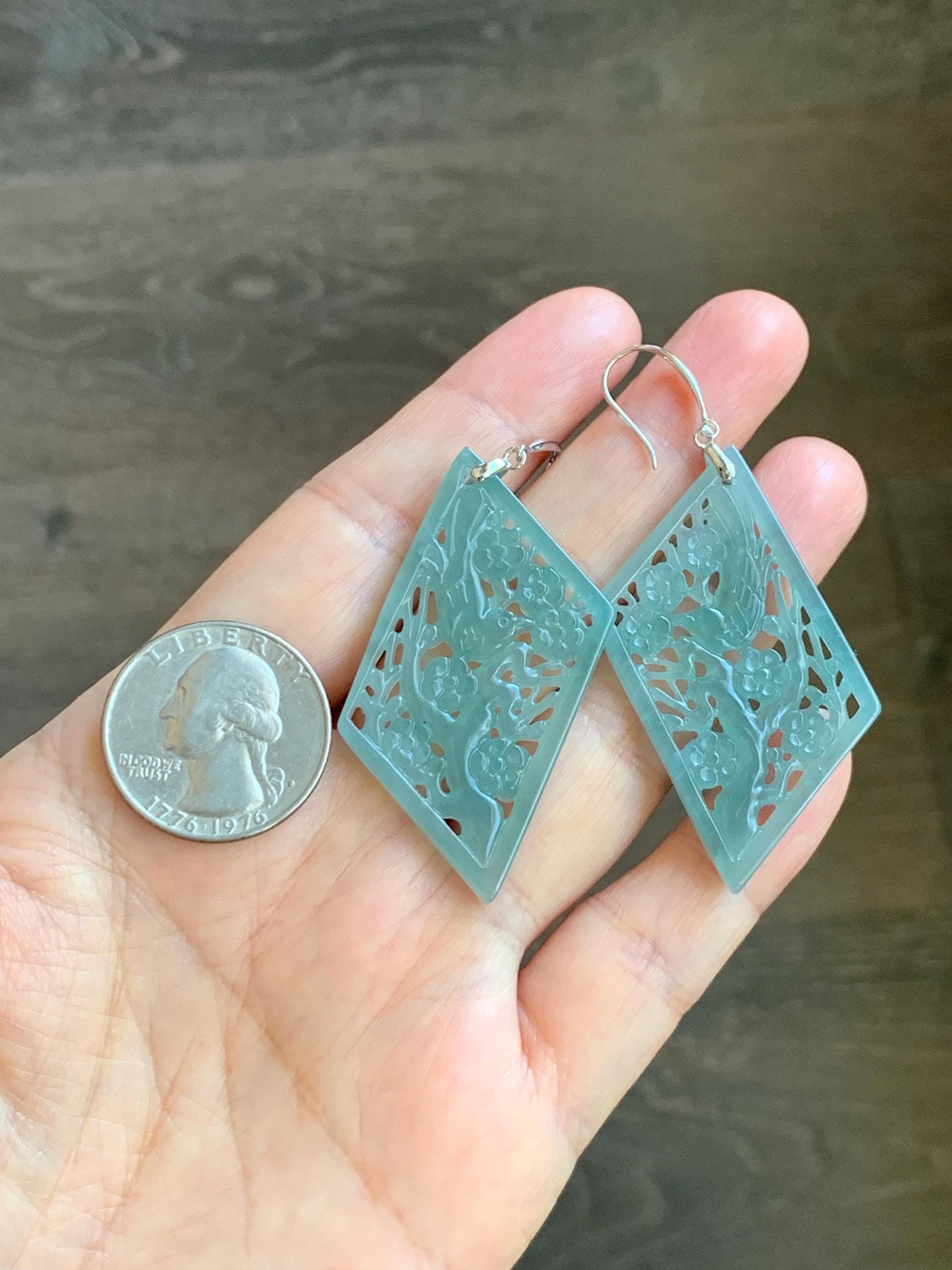 Natural Grade A Guatemalan Icy Translucent Dusty Blue Jade Jadeite Openwork Engraved Earrings Sterling Silver 天然冰危暗蓝翡翠镂空雕银耳钩 WXQ110B