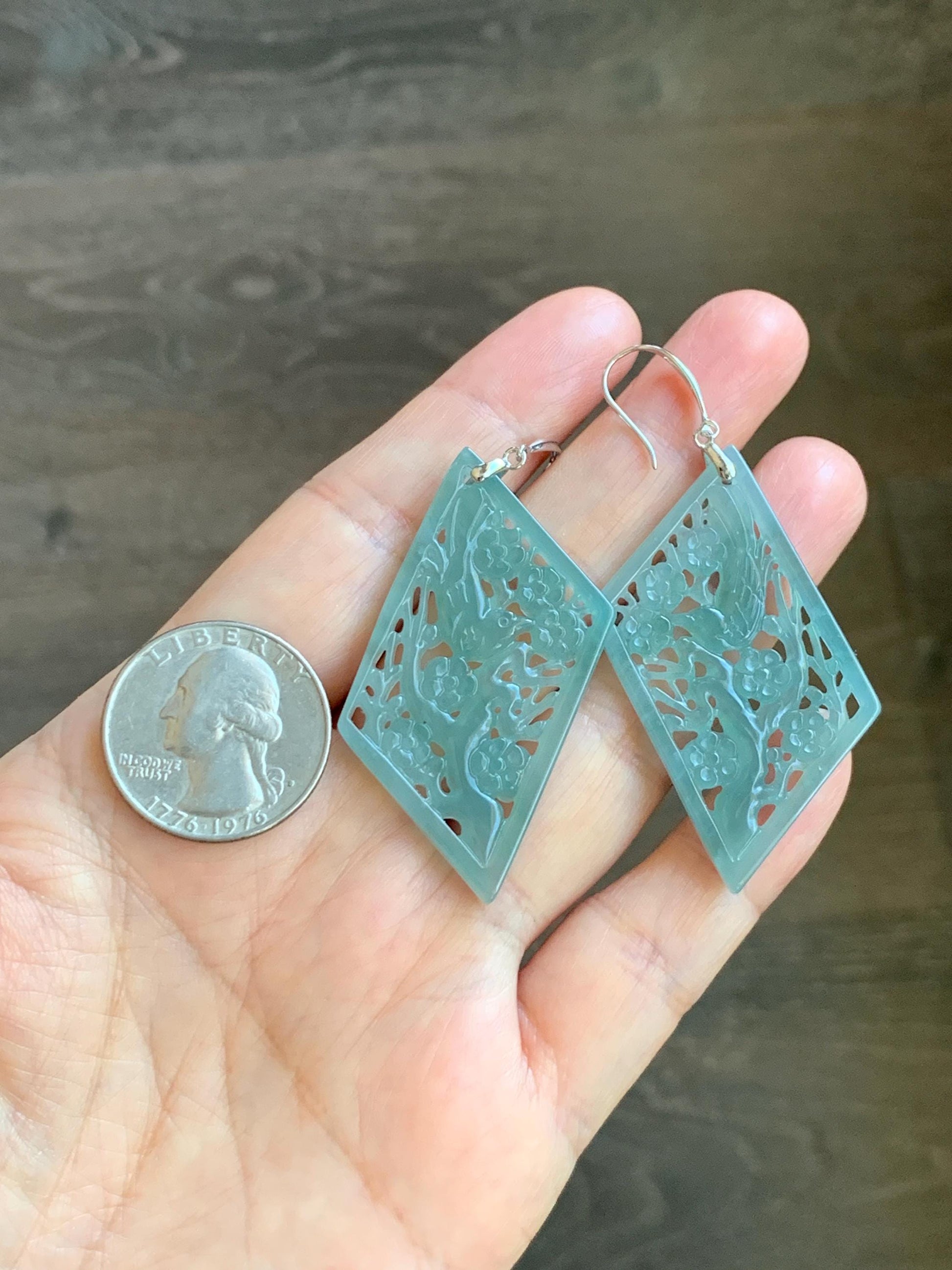 Natural Grade A Guatemalan Icy Translucent Dusty Blue Jade Jadeite Openwork Engraved Earrings Sterling Silver 天然冰危暗蓝翡翠镂空雕银耳钩 WXQ110B