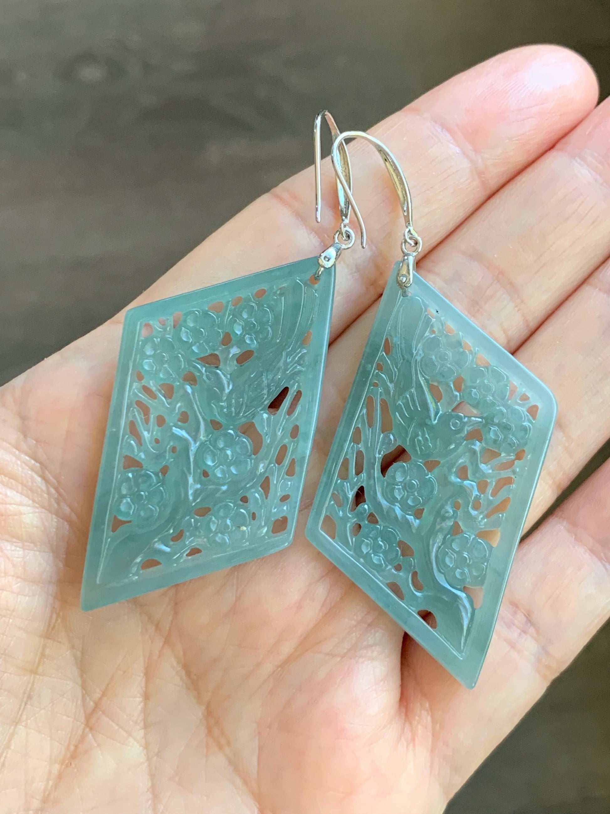 Natural Grade A Guatemalan Icy Translucent Dusty Blue Jade Jadeite Openwork Engraved Earrings Sterling Silver 天然冰危暗蓝翡翠镂空雕银耳钩 WXQ110B