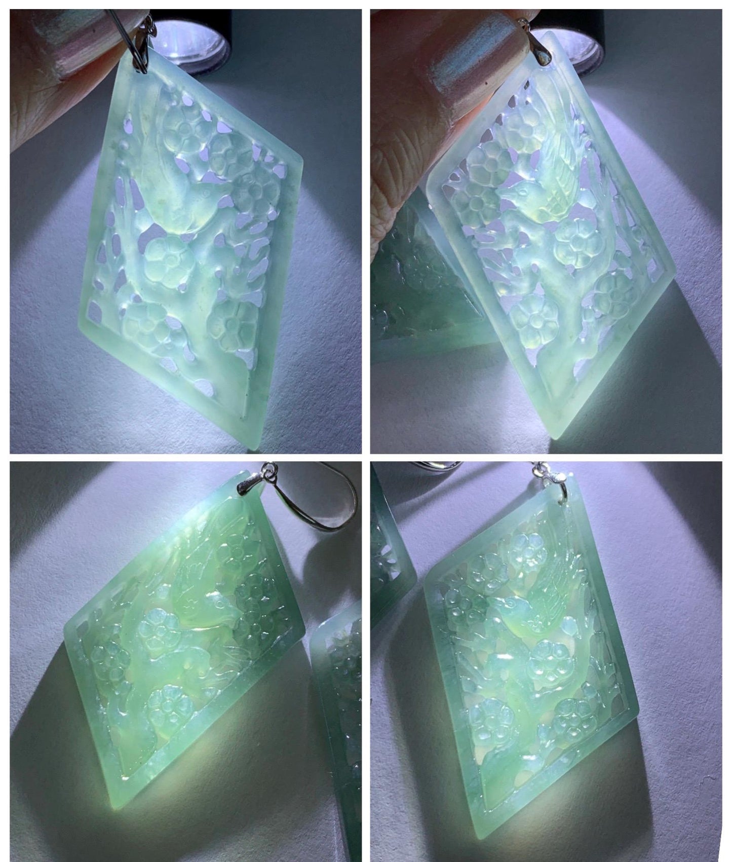 Natural Grade A Guatemalan Icy Translucent Dusty Blue Jade Jadeite Openwork Engraved Earrings Sterling Silver 天然冰危暗蓝翡翠镂空雕银耳钩 WXQ110B