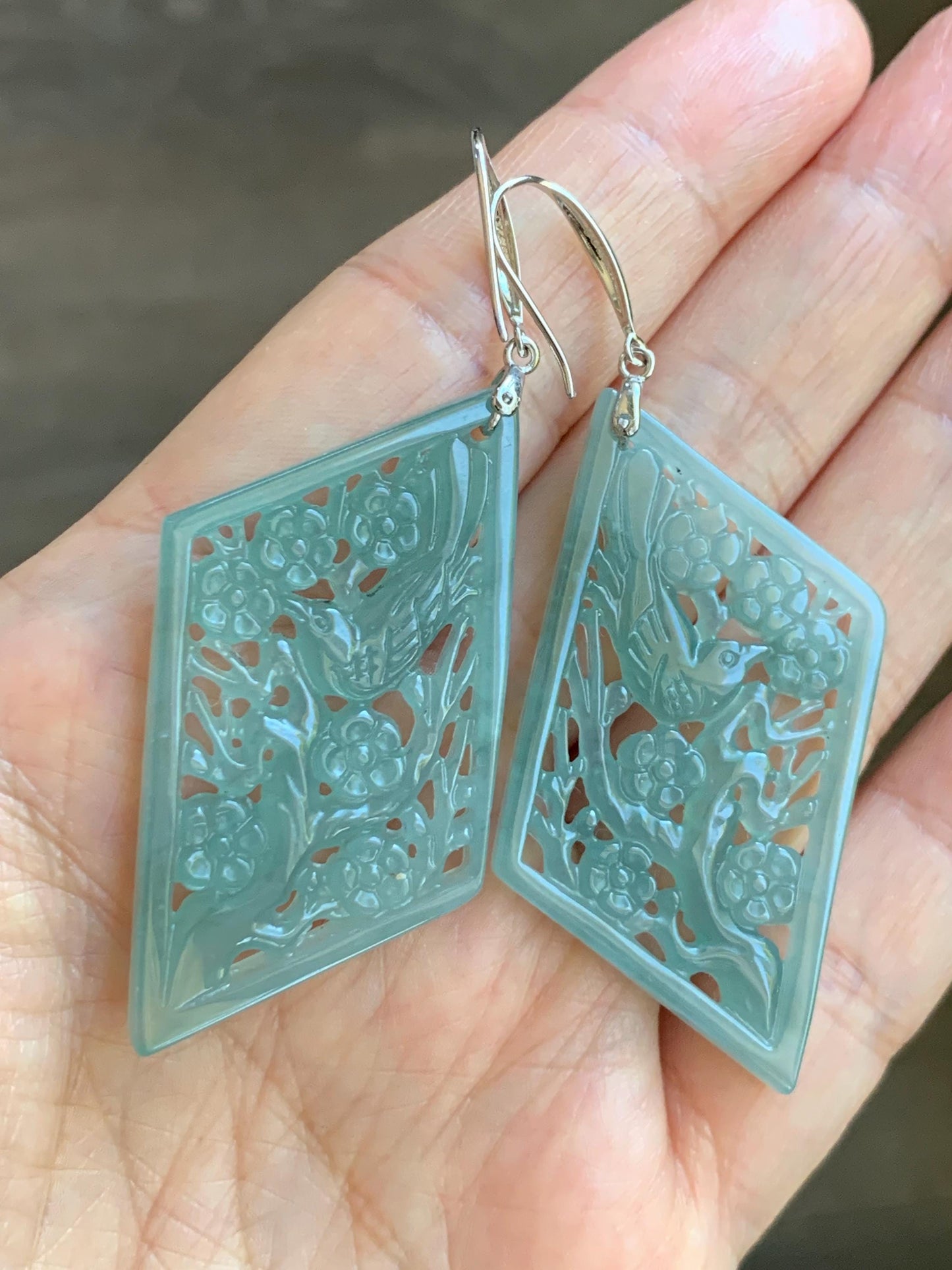 Natural Grade A Guatemalan Icy Translucent Dusty Blue Jade Jadeite Openwork Engraved Earrings Sterling Silver 天然冰危暗蓝翡翠镂空雕银耳钩 WXQ110B
