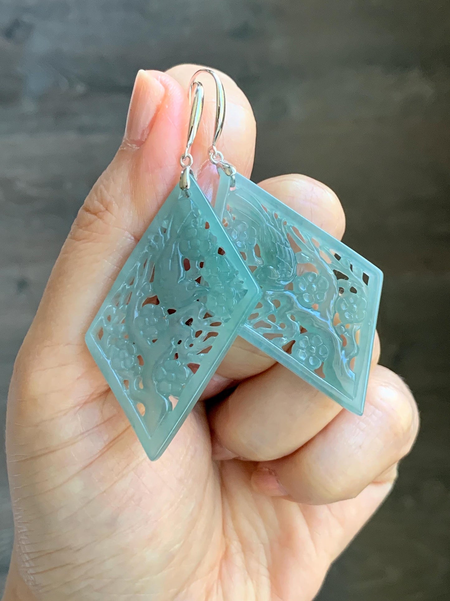 Natural Grade A Guatemalan Icy Translucent Dusty Blue Jade Jadeite Openwork Engraved Earrings Sterling Silver 天然冰危暗蓝翡翠镂空雕银耳钩 WXQ110B