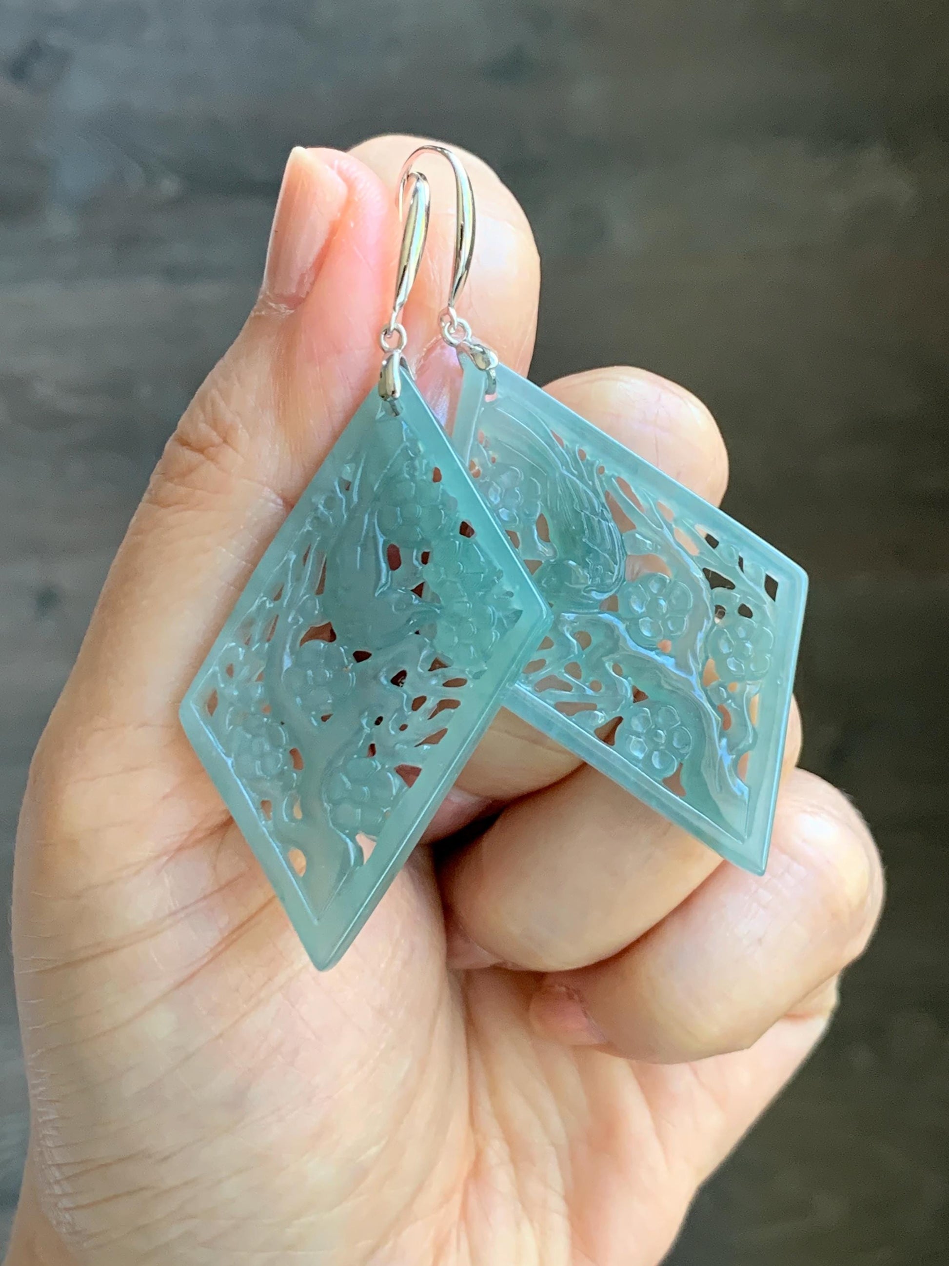 Natural Grade A Guatemalan Icy Translucent Dusty Blue Jade Jadeite Openwork Engraved Earrings Sterling Silver 天然冰危暗蓝翡翠镂空雕银耳钩 WXQ110B
