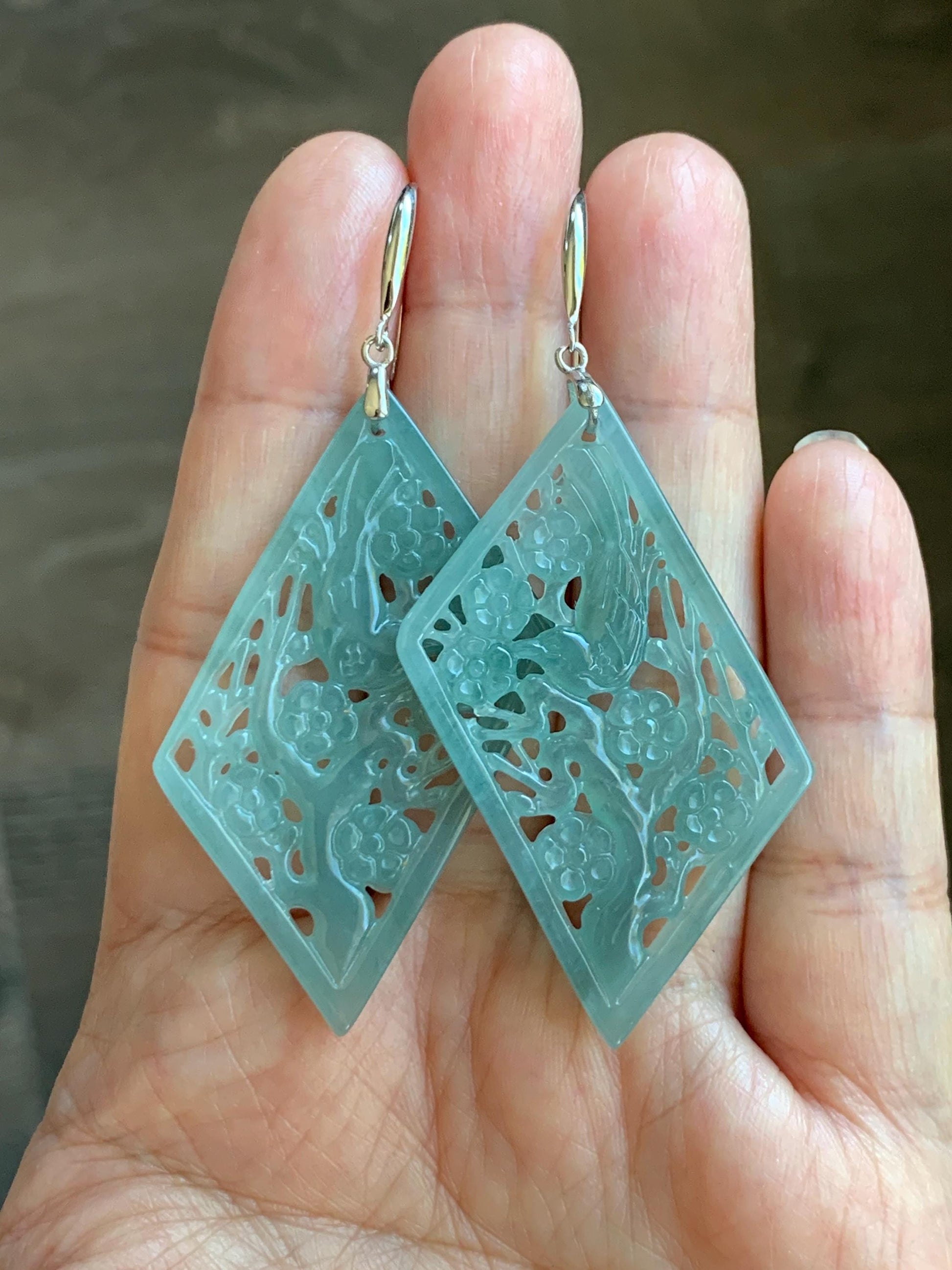 Natural Grade A Guatemalan Icy Translucent Dusty Blue Jade Jadeite Openwork Engraved Earrings Sterling Silver 天然冰危暗蓝翡翠镂空雕银耳钩 WXQ110B