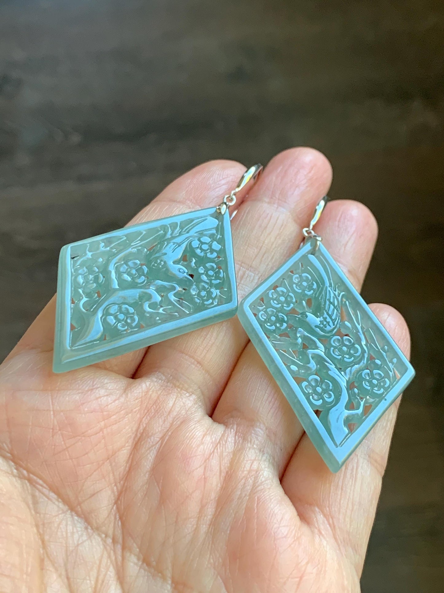 Natural Grade A Guatemalan Icy Translucent Dusty Blue Jade Jadeite Openwork Engraved Earrings Sterling Silver 天然冰危暗蓝翡翠镂空雕银耳钩 WXQ110B