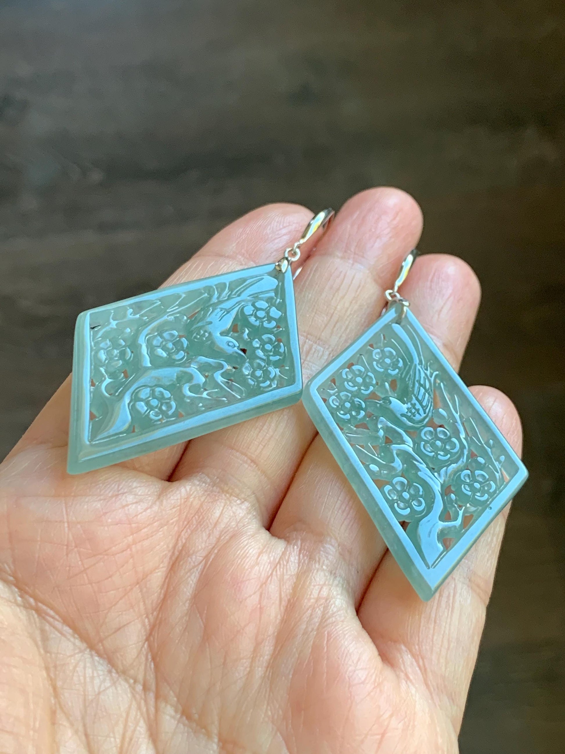 Natural Grade A Guatemalan Icy Translucent Dusty Blue Jade Jadeite Openwork Engraved Earrings Sterling Silver 天然冰危暗蓝翡翠镂空雕银耳钩 WXQ110B