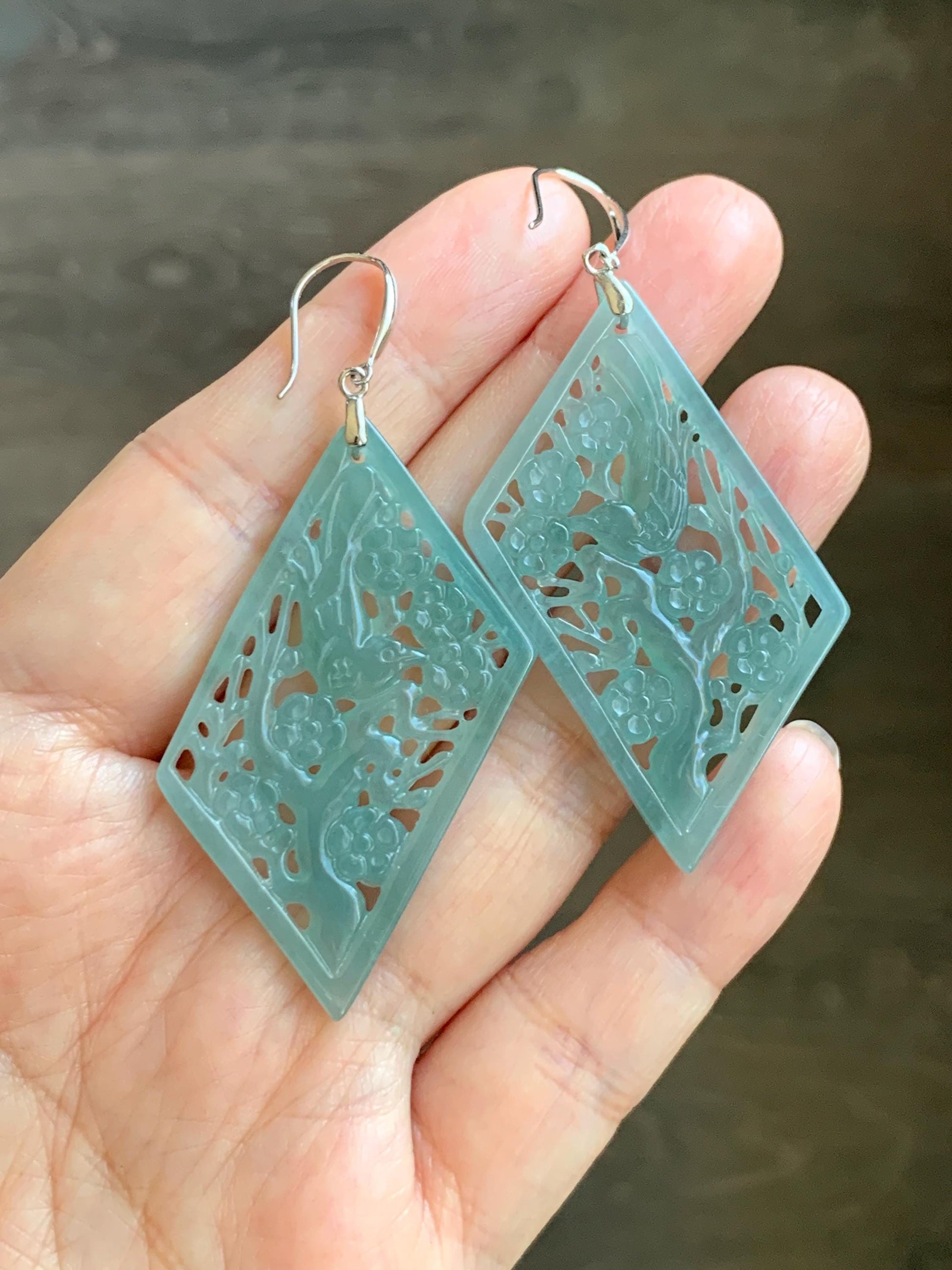 Natural Grade A Guatemalan Icy Translucent Dusty Blue Jade Jadeite Openwork Engraved Earrings Sterling Silver 天然冰危暗蓝翡翠镂空雕银耳钩 WXQ110B
