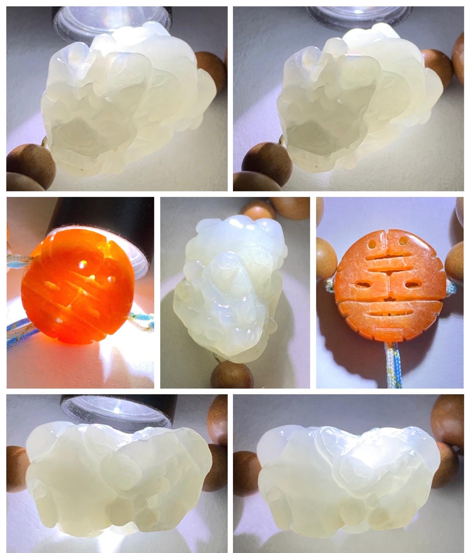 Natural Grade A Icy Translucent White Jade Jadeite Carved Pixiu Wood Beads Beaded Bracelet 6.75" 18g 天然白冰翡翠貔貅木珠手串 MPT138B