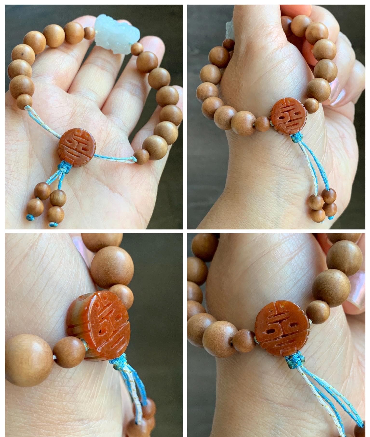 Natural Grade A Icy Translucent White Jade Jadeite Carved Pixiu Wood Beads Beaded Bracelet 6.75" 18g 天然白冰翡翠貔貅木珠手串 MPT138B