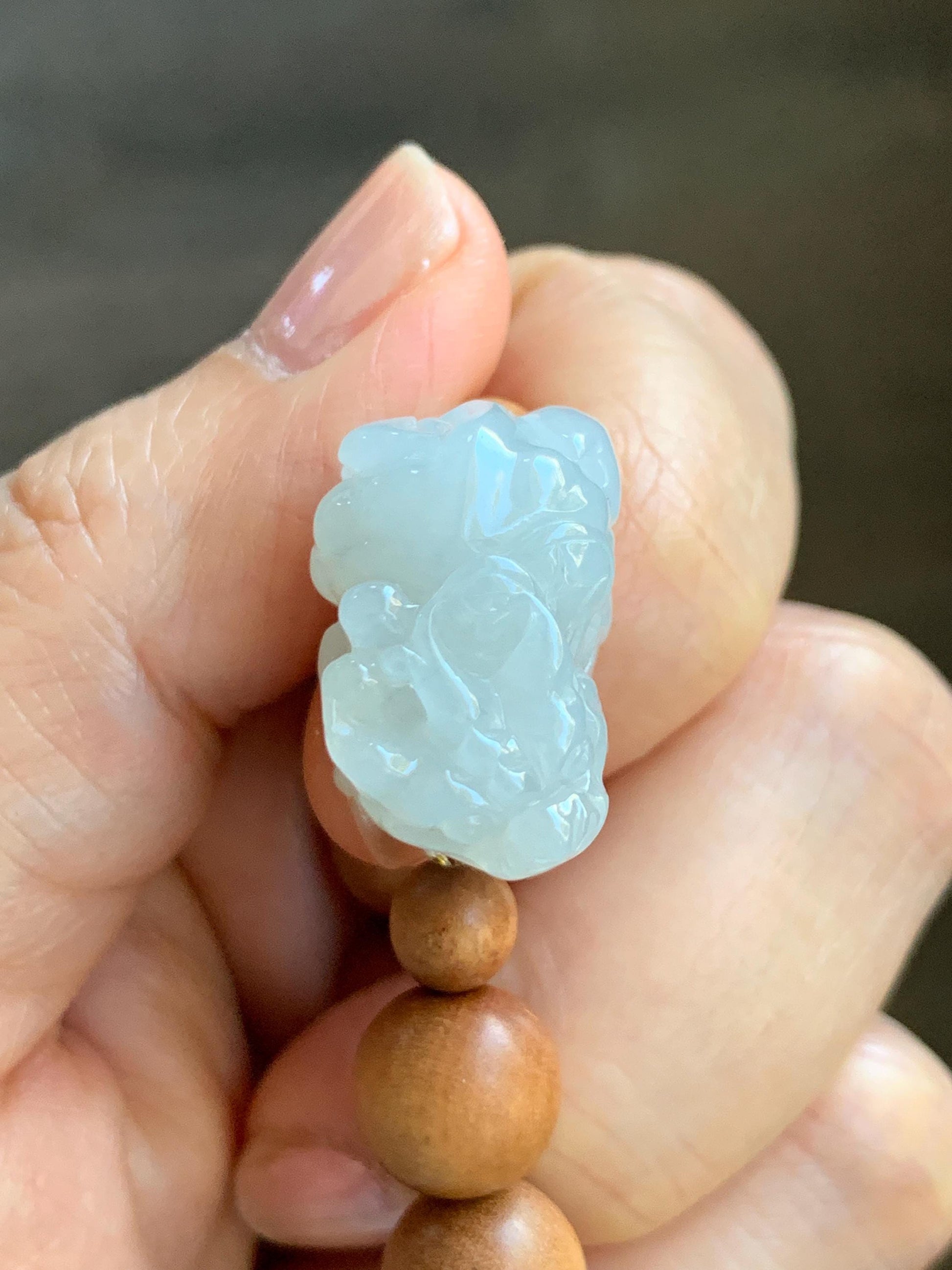Natural Grade A Icy Translucent White Jade Jadeite Carved Pixiu Wood Beads Beaded Bracelet 6.75" 18g 天然白冰翡翠貔貅木珠手串 MPT138B