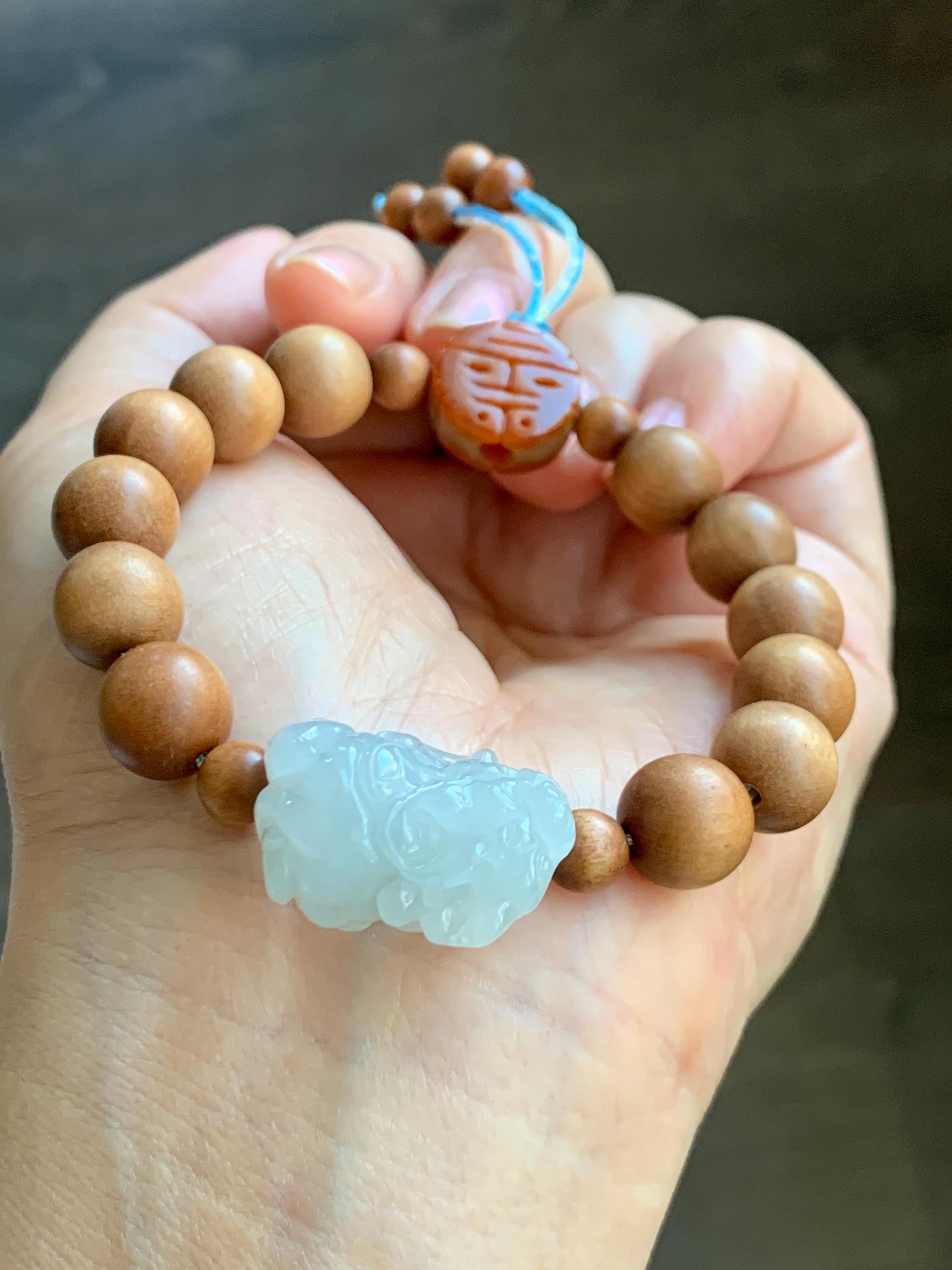 Natural Grade A Icy Translucent White Jade Jadeite Carved Pixiu Wood Beads Beaded Bracelet 6.75" 18g 天然白冰翡翠貔貅木珠手串 MPT138B