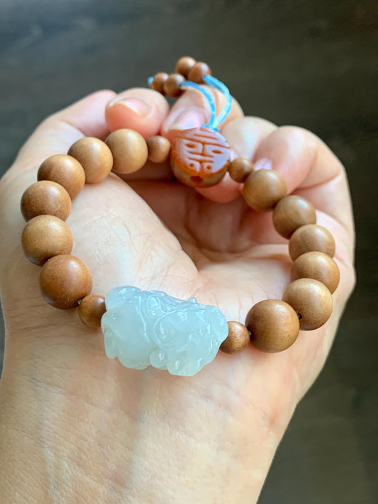 Natural Grade A Icy Translucent White Jade Jadeite Carved Pixiu Wood Beads Beaded Bracelet 6.75" 18g 天然白冰翡翠貔貅木珠手串 MPT138B