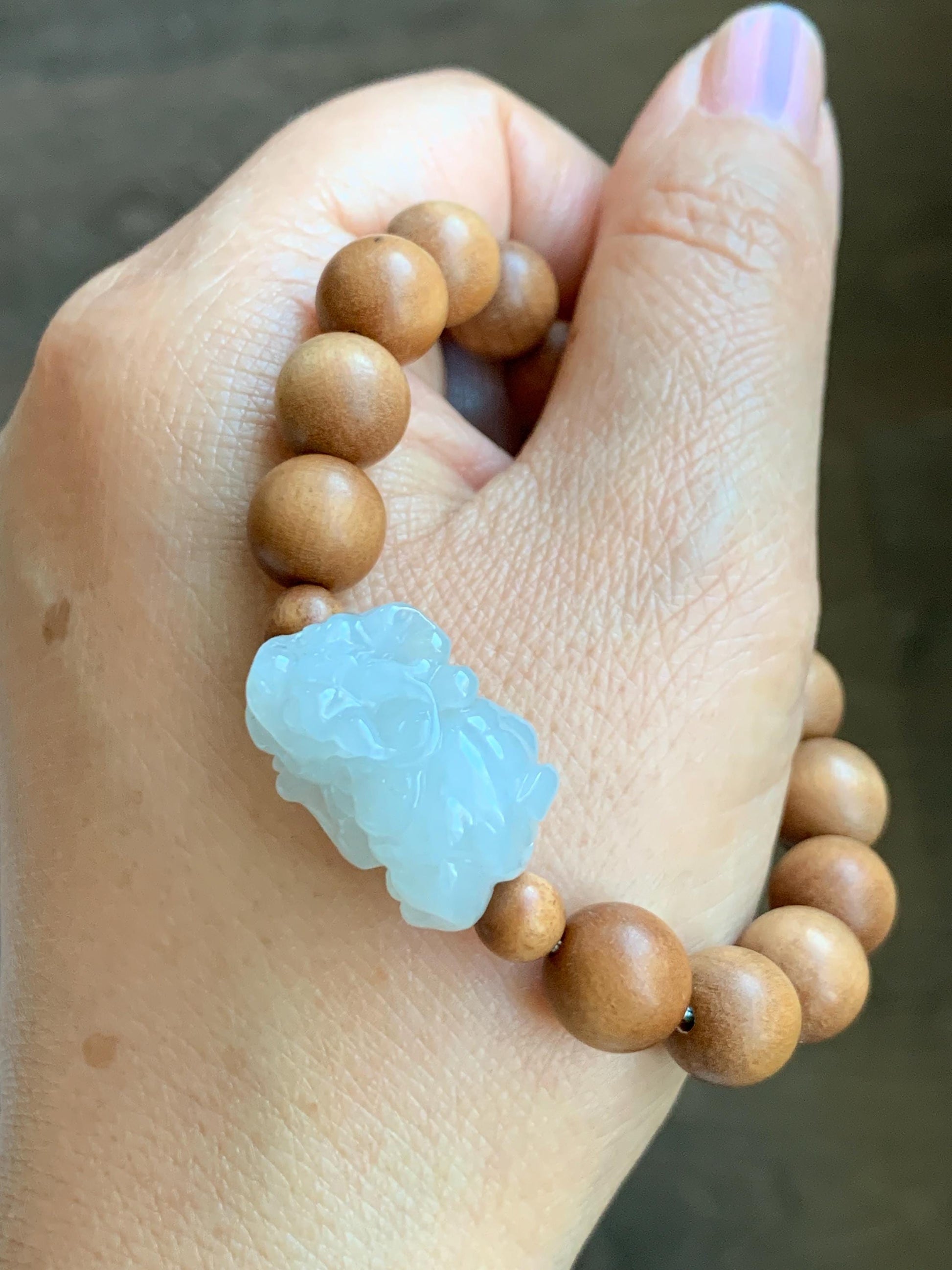 Natural Grade A Icy Translucent White Jade Jadeite Carved Pixiu Wood Beads Beaded Bracelet 6.75" 18g 天然白冰翡翠貔貅木珠手串 MPT138B
