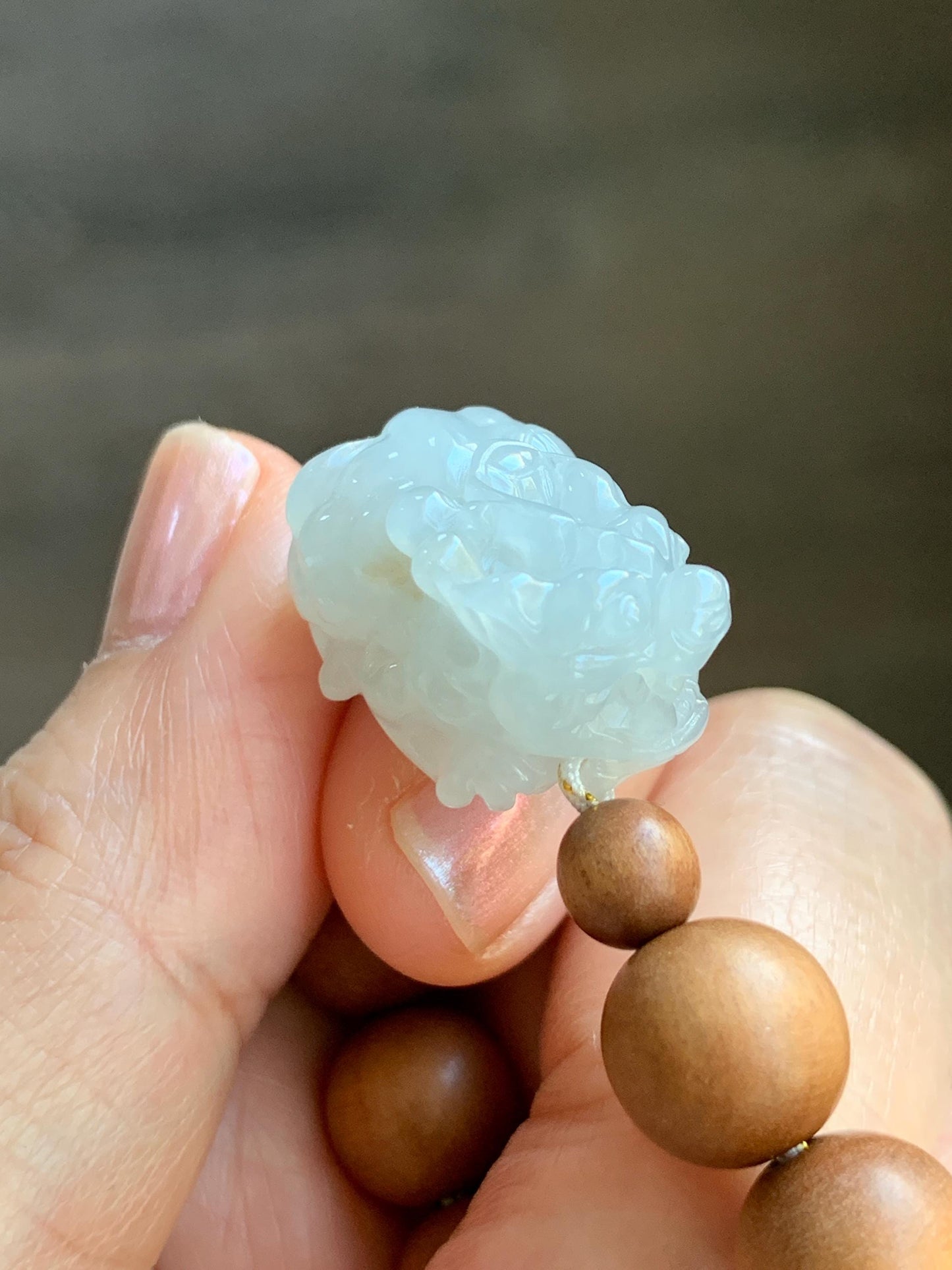 Natural Grade A Icy Translucent White Jade Jadeite Carved Pixiu Wood Beads Beaded Bracelet 6.75" 18g 天然白冰翡翠貔貅木珠手串 MPT138B