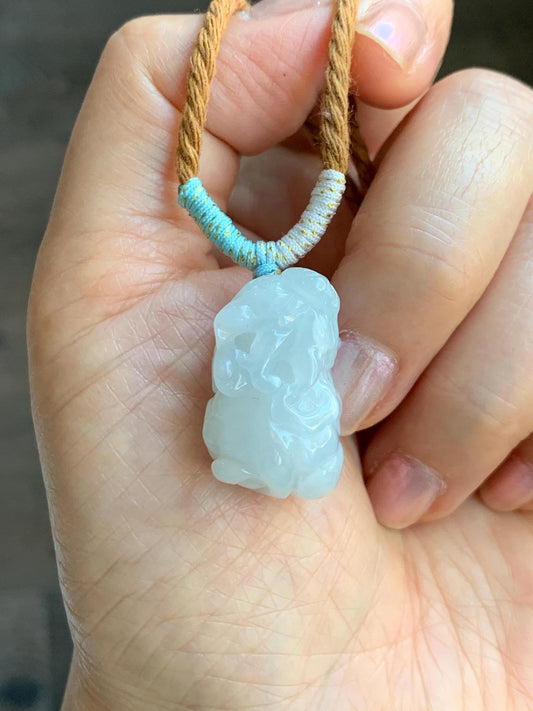 Natural Grade A Icy Translucent White Jade Jadeite Carved Pixiu Pendant Rope Necklace 26.5” 12g 天然白冰翡翠貔貅吊坠 MPG138N