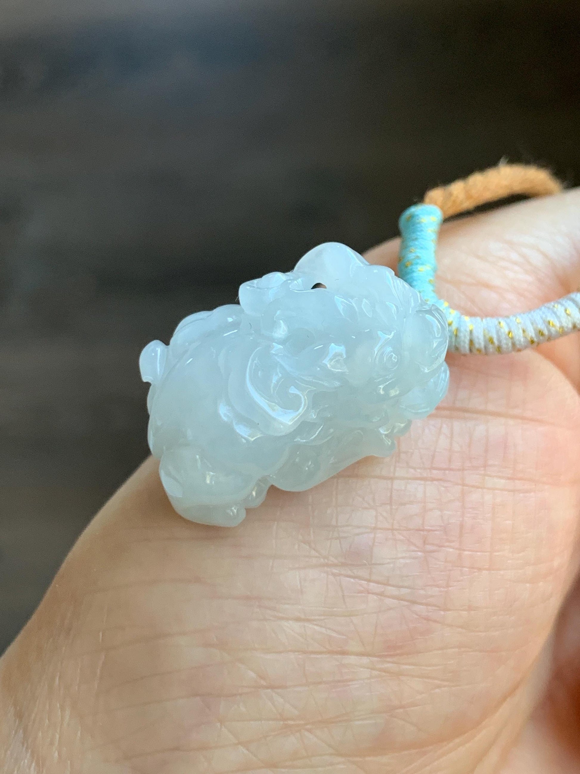 Natural Grade A Icy Translucent White Jade Jadeite Carved Pixiu Pendant Rope Necklace 26.5” 12g 天然白冰翡翠貔貅吊坠 MPG138N