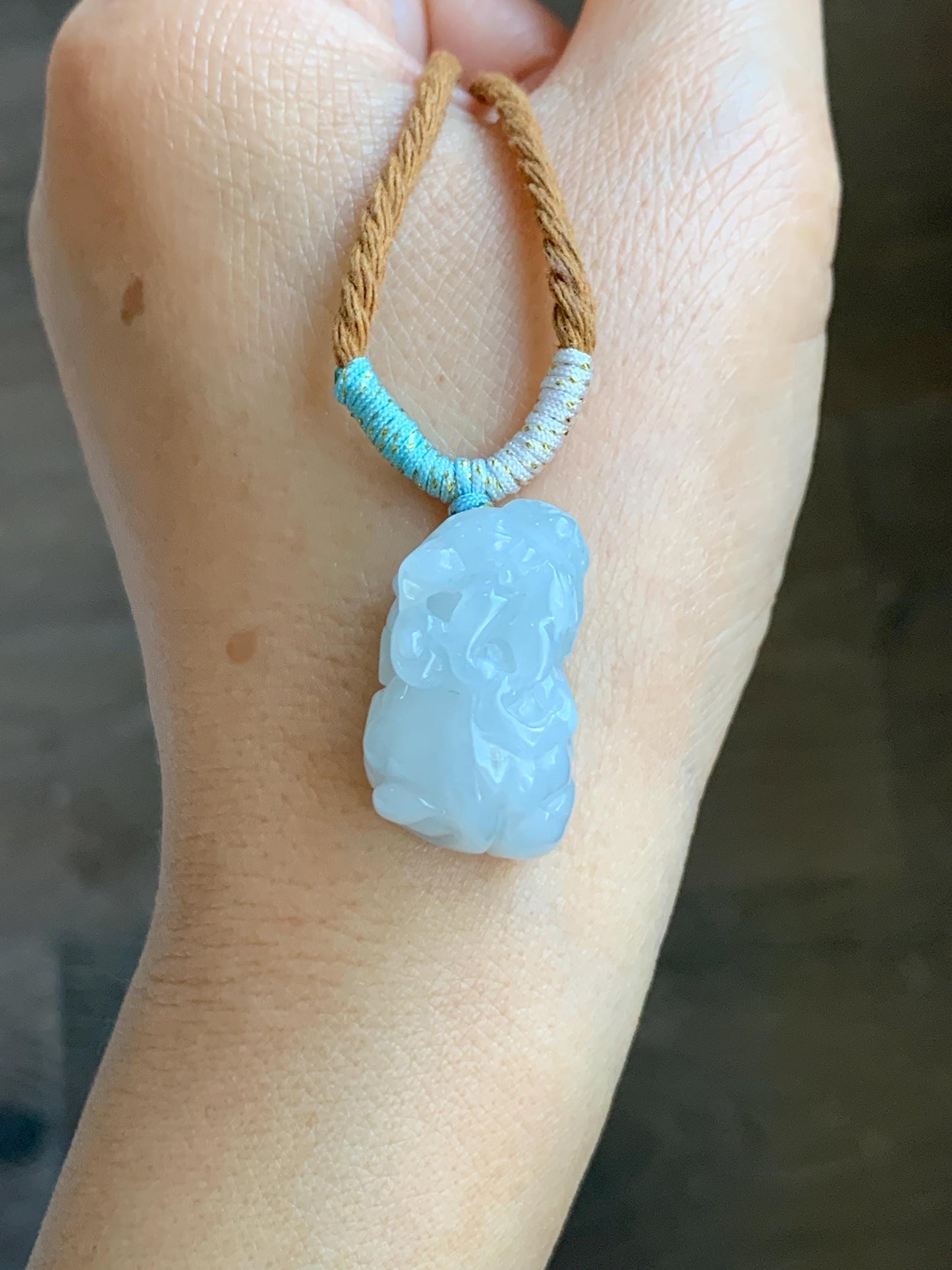 Natural Grade A Icy Translucent White Jade Jadeite Carved Pixiu Pendant Rope Necklace 26.5” 12g 天然白冰翡翠貔貅吊坠 MPG138N