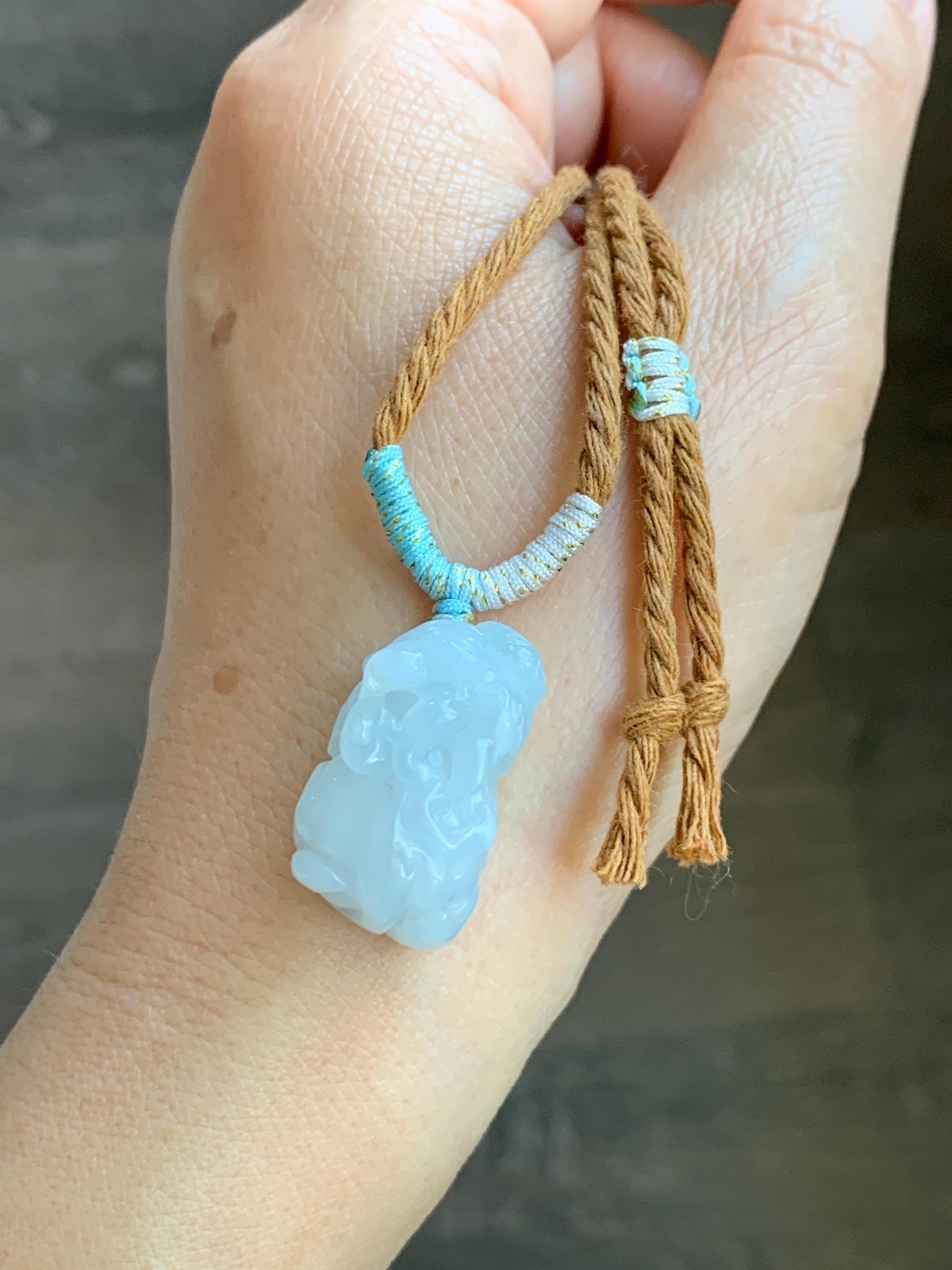 Natural Grade A Icy Translucent White Jade Jadeite Carved Pixiu Pendant Rope Necklace 26.5” 12g 天然白冰翡翠貔貅吊坠 MPG138N