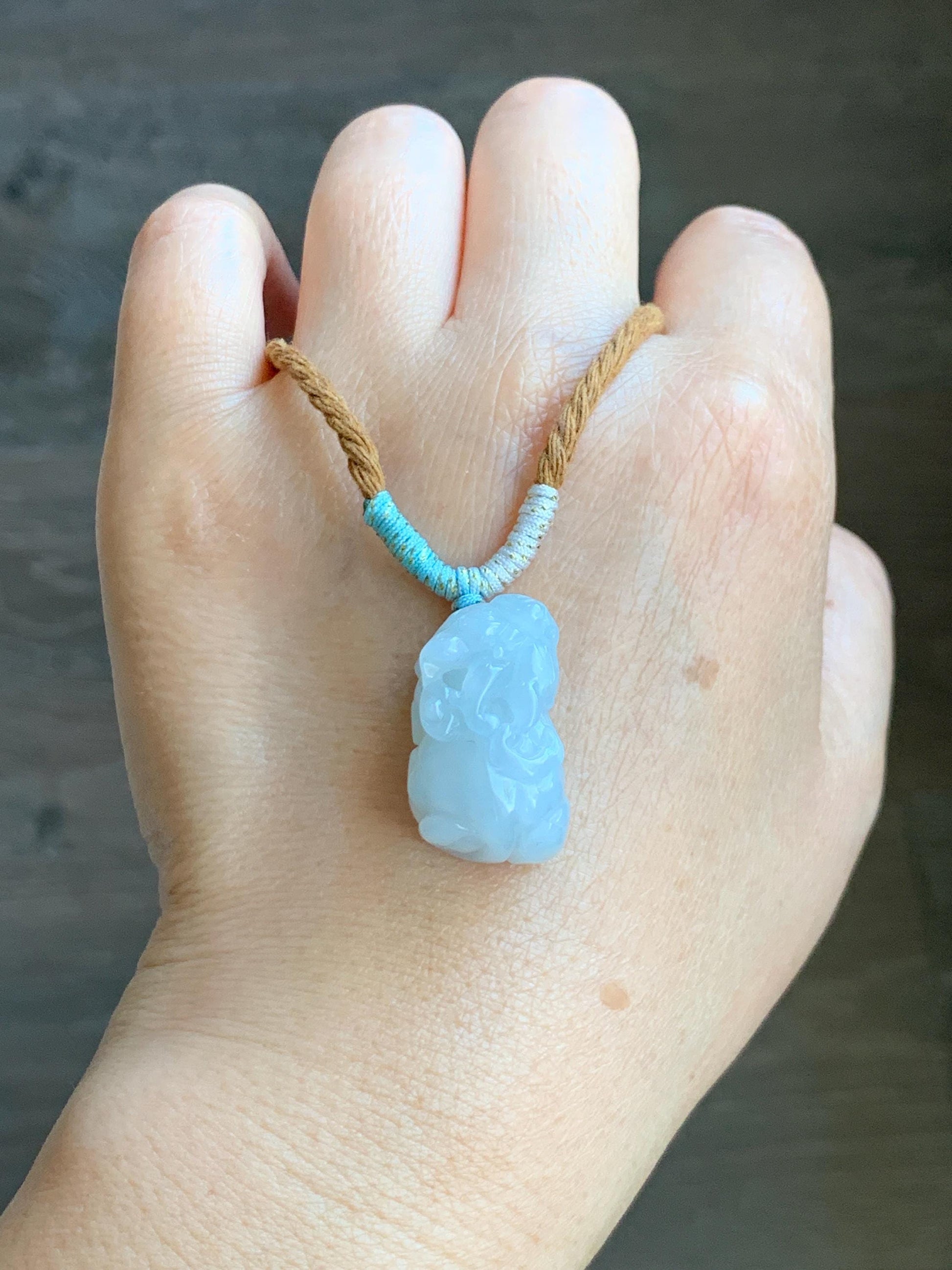 Natural Grade A Icy Translucent White Jade Jadeite Carved Pixiu Pendant Rope Necklace 26.5” 12g 天然白冰翡翠貔貅吊坠 MPG138N