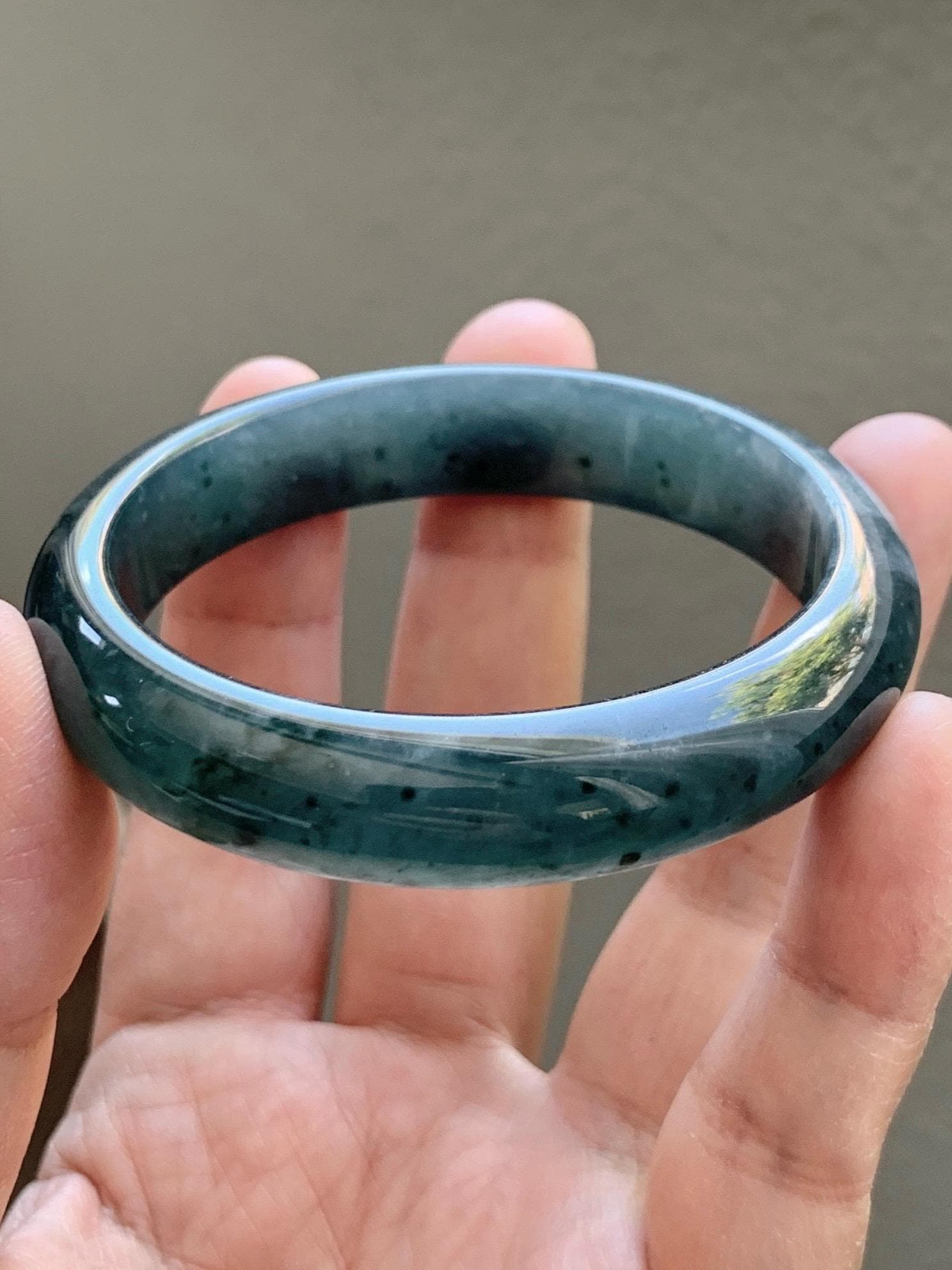 Certified Natural Grade A Guatemalan Icy Translucent Dark Teal & Green Marbled Jade Jadeite Wide Bangle 53.6mm 6.6” 44g 天然冰危深蓝飘花翡翠正圈宽版手镯 500