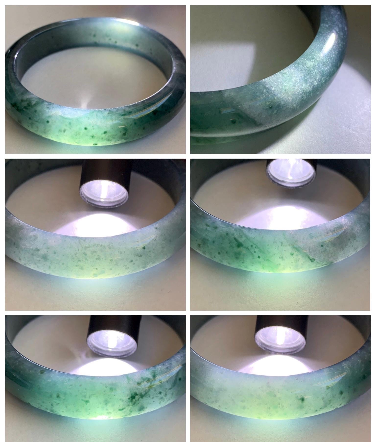 Certified Natural Grade A Guatemalan Icy Translucent Dark Teal & Green Marbled Jade Jadeite Wide Bangle 53.6mm 6.6” 44g 天然冰危深蓝飘花翡翠正圈宽版手镯 500