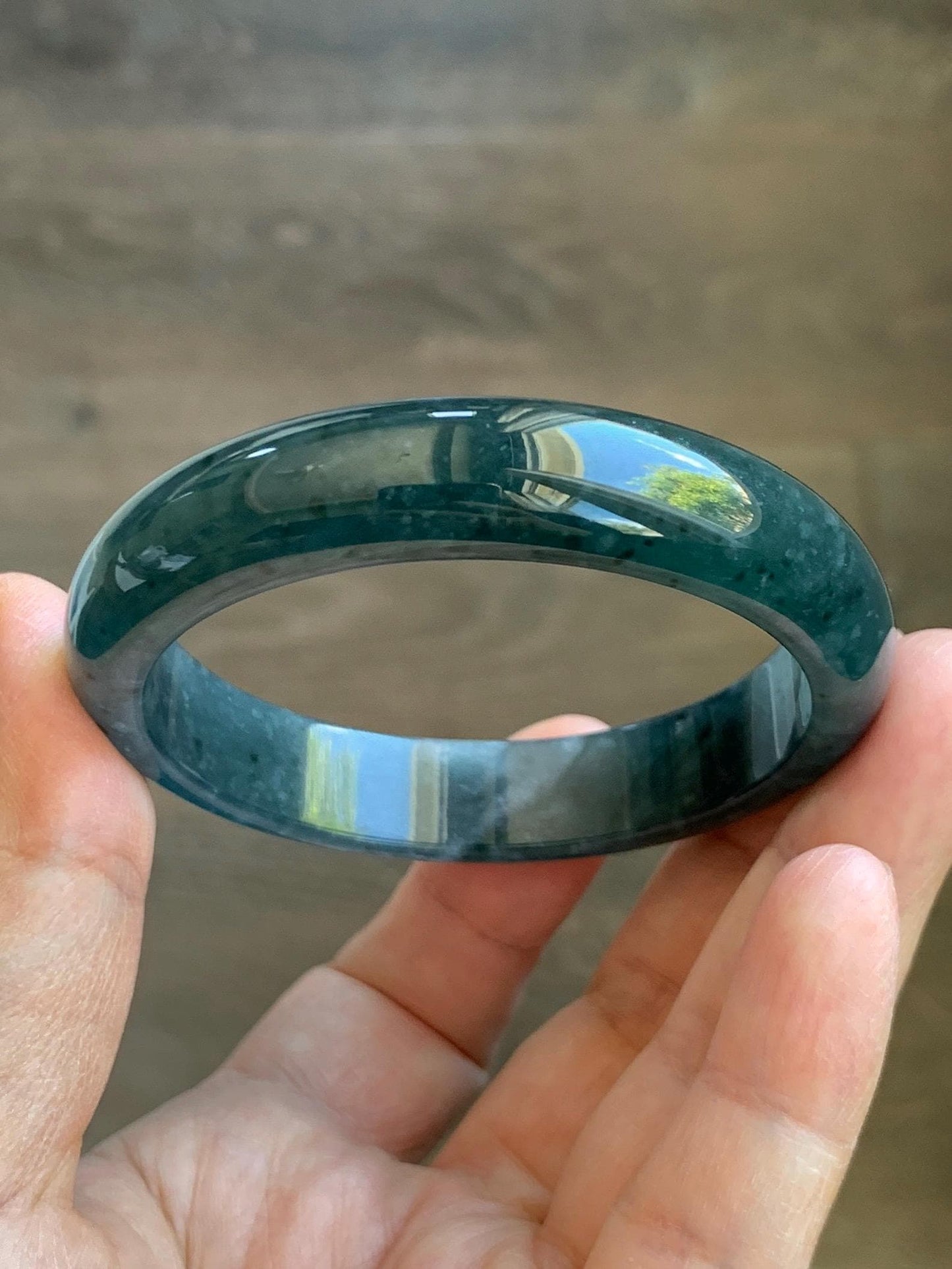 Certified Natural Grade A Guatemalan Icy Translucent Dark Teal & Green Marbled Jade Jadeite Wide Bangle 53.6mm 6.6” 44g 天然冰危深蓝飘花翡翠正圈宽版手镯 500