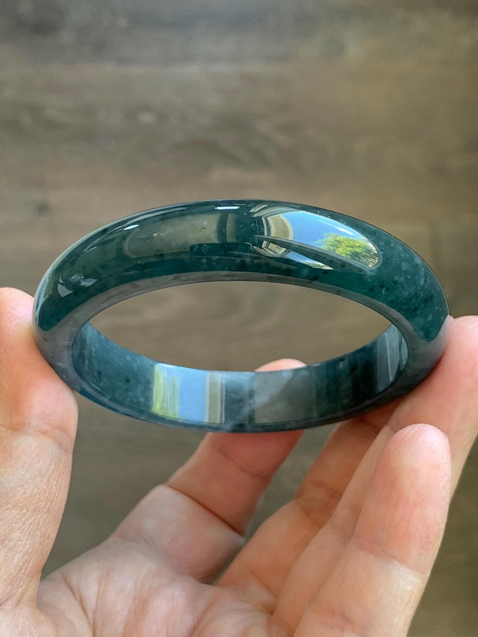 Certified Natural Grade A Guatemalan Icy Translucent Dark Teal & Green Marbled Jade Jadeite Wide Bangle 53.6mm 6.6” 44g 天然冰危深蓝飘花翡翠正圈宽版手镯 500