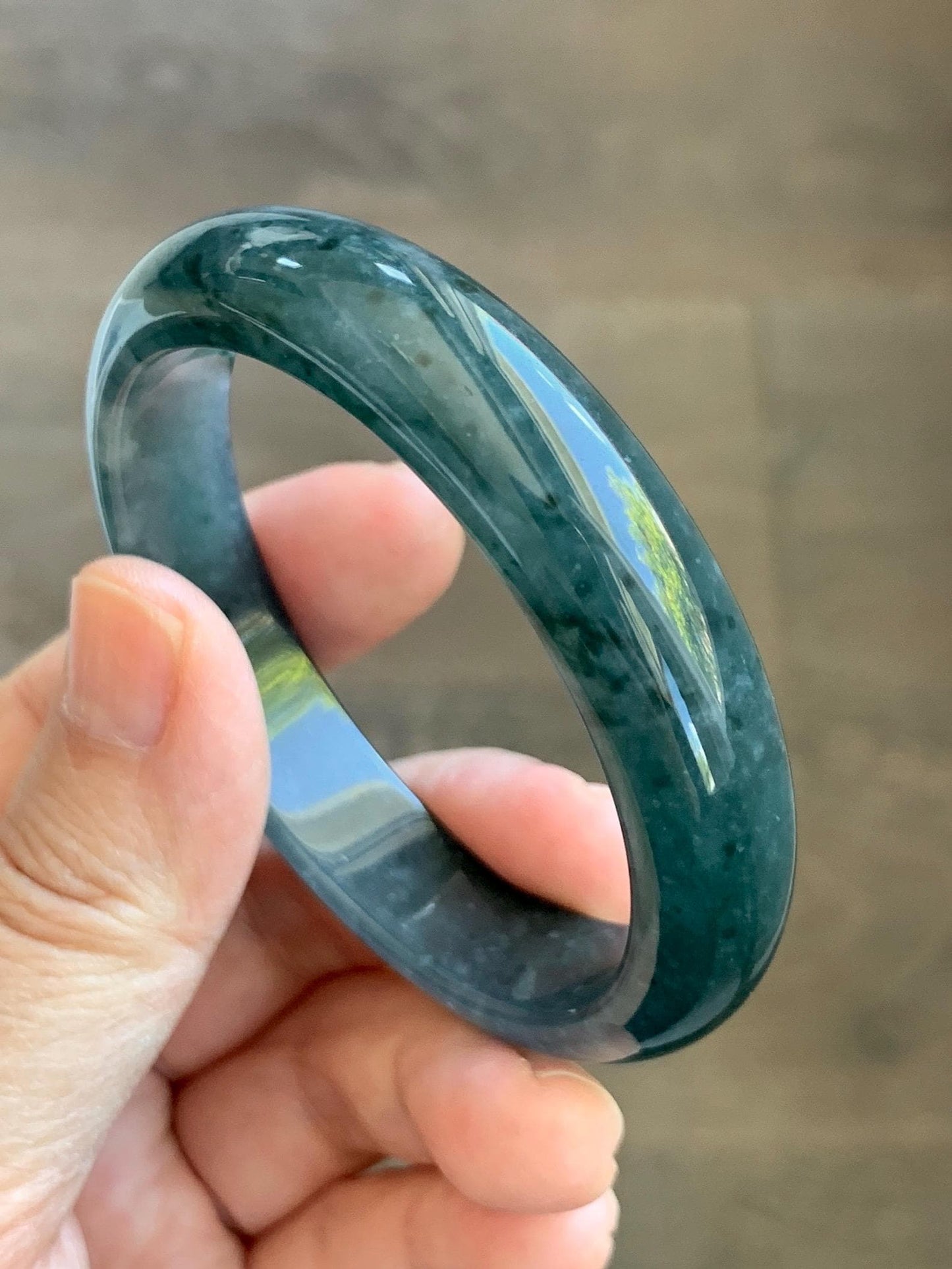 Certified Natural Grade A Guatemalan Icy Translucent Dark Teal & Green Marbled Jade Jadeite Wide Bangle 53.6mm 6.6” 44g 天然冰危深蓝飘花翡翠正圈宽版手镯 500
