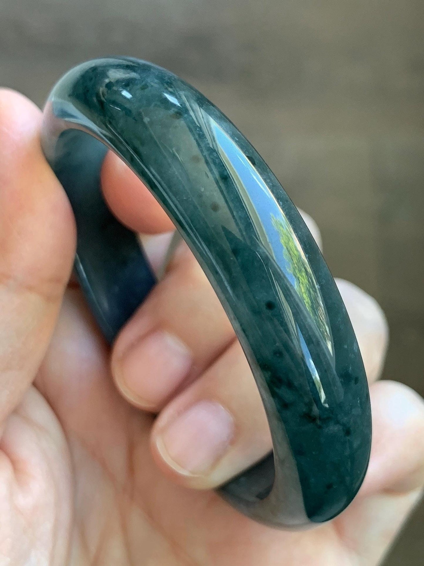 Certified Natural Grade A Guatemalan Icy Translucent Dark Teal & Green Marbled Jade Jadeite Wide Bangle 53.6mm 6.6” 44g 天然冰危深蓝飘花翡翠正圈宽版手镯 500