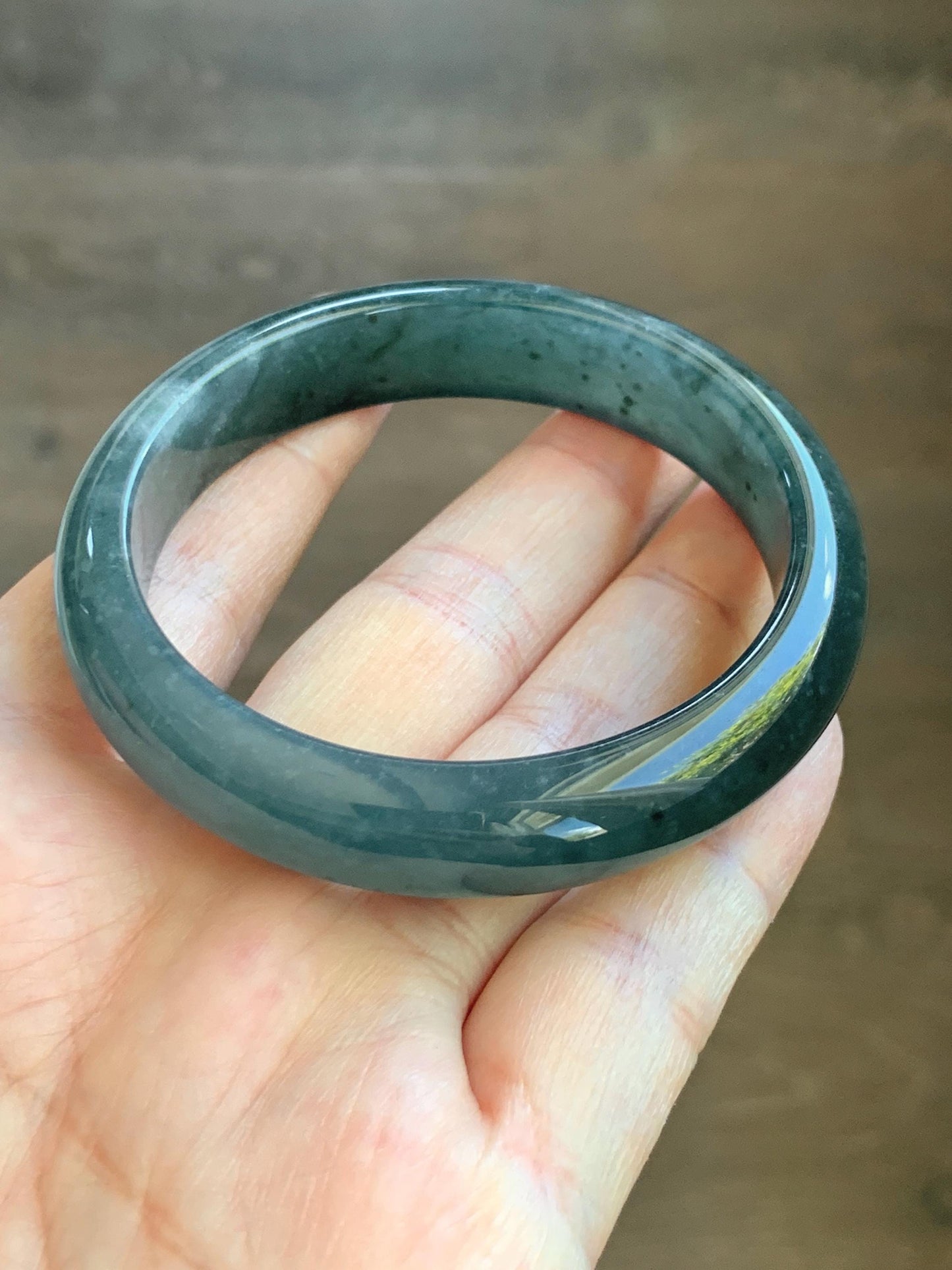 Certified Natural Grade A Guatemalan Icy Translucent Dark Teal & Green Marbled Jade Jadeite Wide Bangle 53.6mm 6.6” 44g 天然冰危深蓝飘花翡翠正圈宽版手镯 500