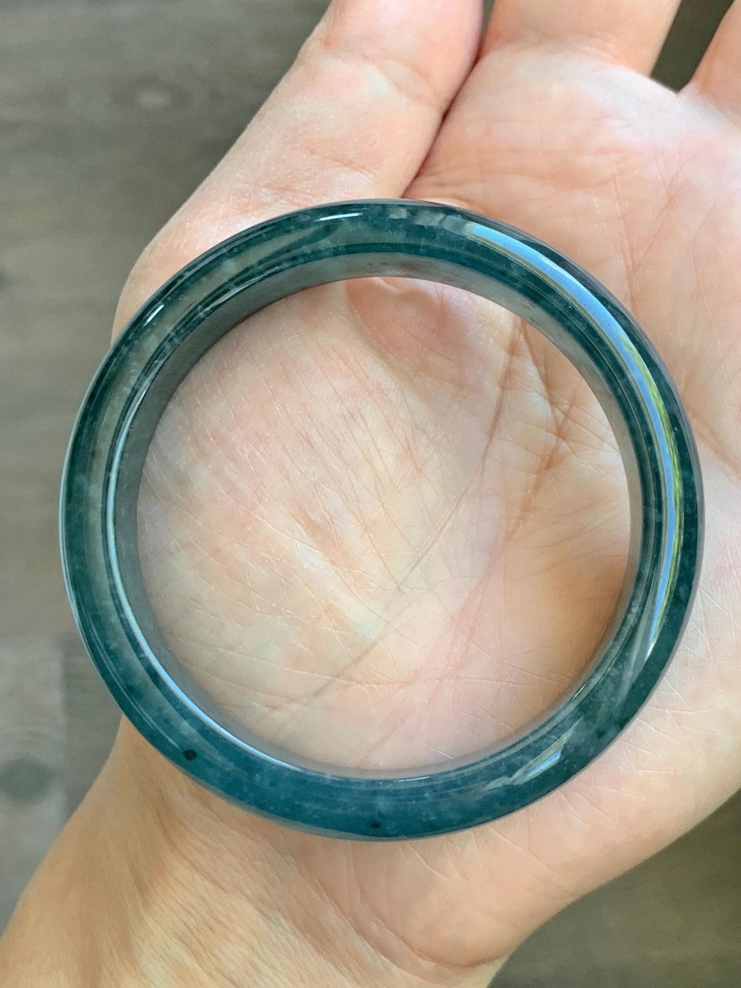 Certified Natural Grade A Guatemalan Icy Translucent Dark Teal & Green Marbled Jade Jadeite Wide Bangle 53.6mm 6.6” 44g 天然冰危深蓝飘花翡翠正圈宽版手镯 500