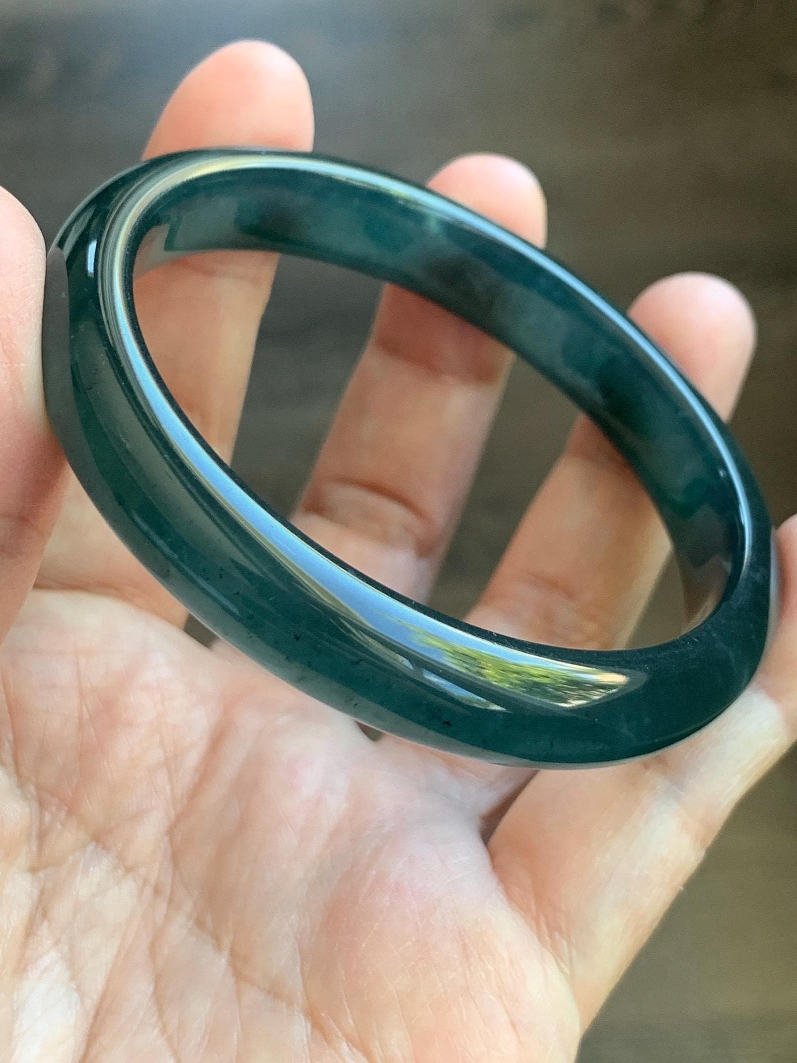 Certified Natural Grade A Guatemalan Icy Translucent Intense Teal Blue Jade Jadeite Wide Bangle 58.6mm 7.24” 43g 天然冰危深蓝翡翠正圈宽版手镯 512