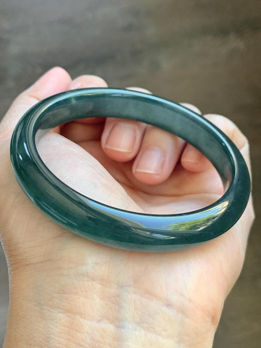 Certified Natural Grade A Guatemalan Icy Translucent Intense Teal Blue Jade Jadeite Wide Bangle 58.6mm 7.24” 43g 天然冰危深蓝翡翠正圈宽版手镯 512