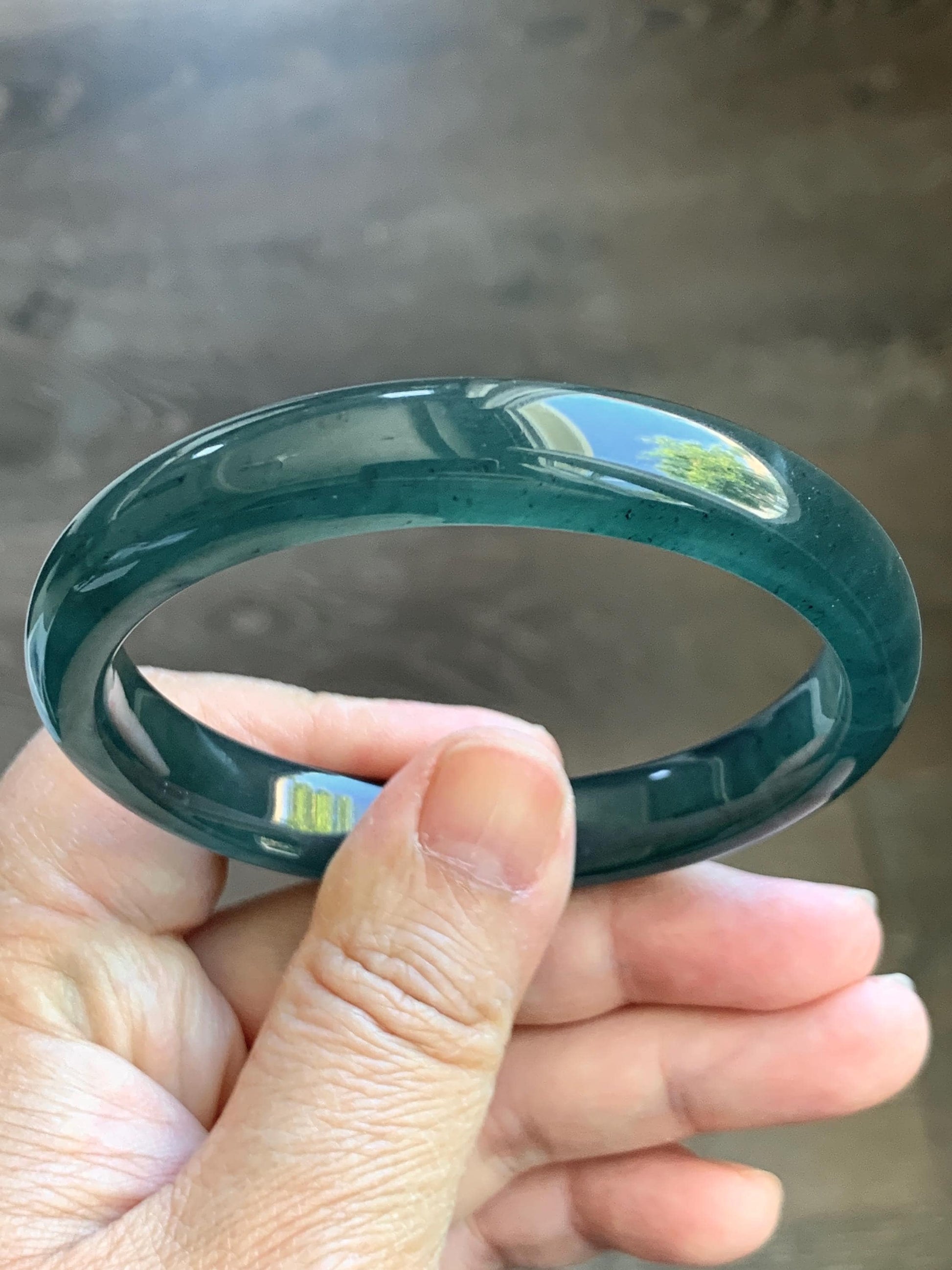 Certified Natural Grade A Guatemalan Icy Translucent Intense Teal Blue Jade Jadeite Wide Bangle 58.6mm 7.24” 43g 天然冰危深蓝翡翠正圈宽版手镯 512