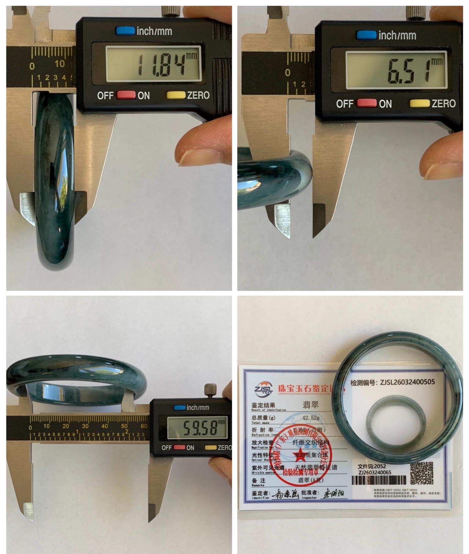 Certified Natural Grade A Guatemalan Icy Translucent Dusty Teal Blue Marbled Jade Jadeite Wide Bangle 59.6mm 7.36” 42.5g 天然冰危蓝飘花翡翠正圈宽版手镯 505