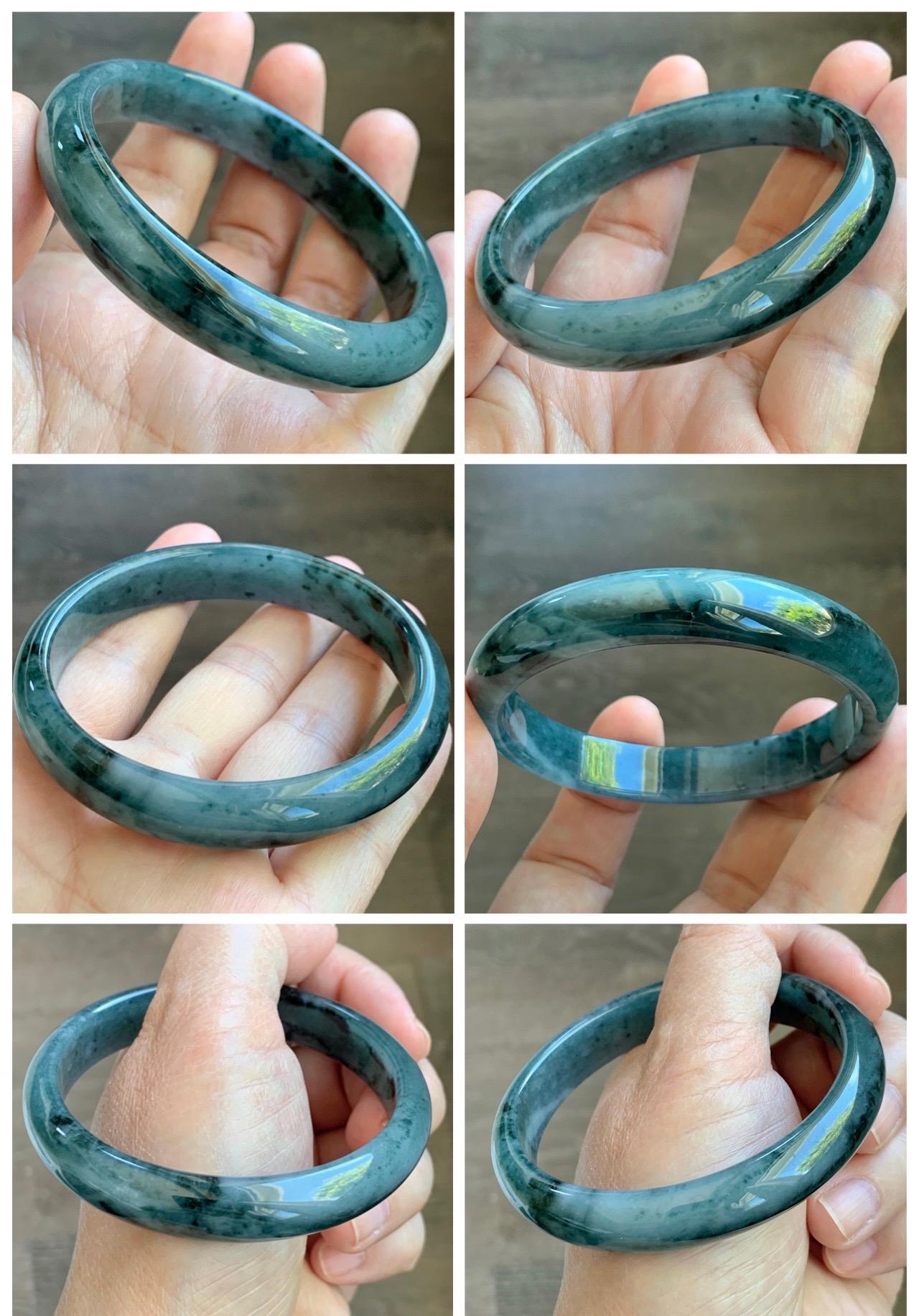 Certified Natural Grade A Guatemalan Icy Translucent Dusty Teal Blue Marbled Jade Jadeite Wide Bangle 59.6mm 7.36” 42.5g 天然冰危蓝飘花翡翠正圈宽版手镯 505