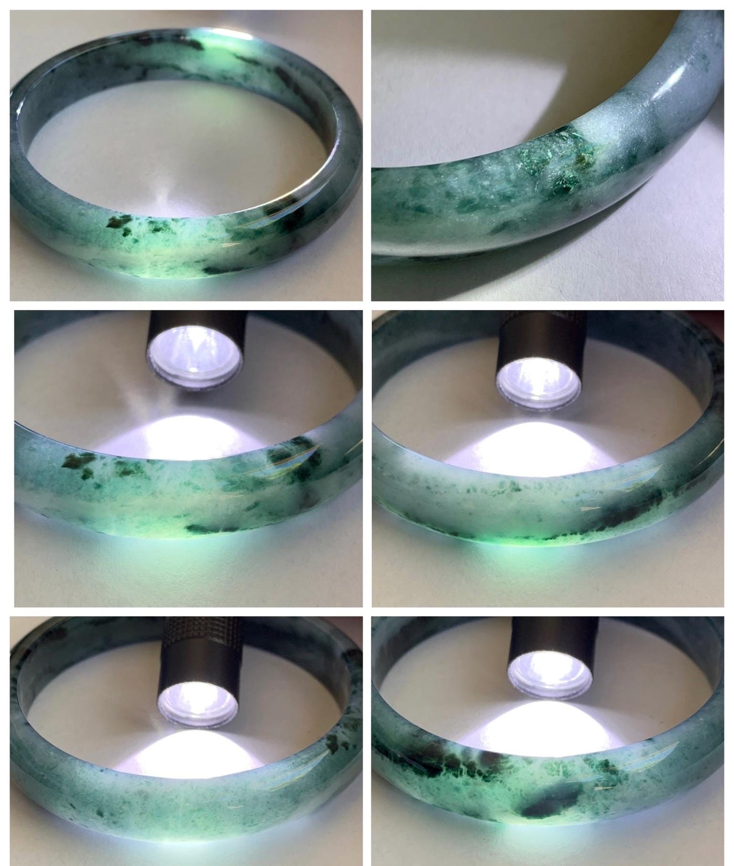 Certified Natural Grade A Guatemalan Icy Translucent Dusty Teal Blue Marbled Jade Jadeite Wide Bangle 59.6mm 7.36” 42.5g 天然冰危蓝飘花翡翠正圈宽版手镯 505