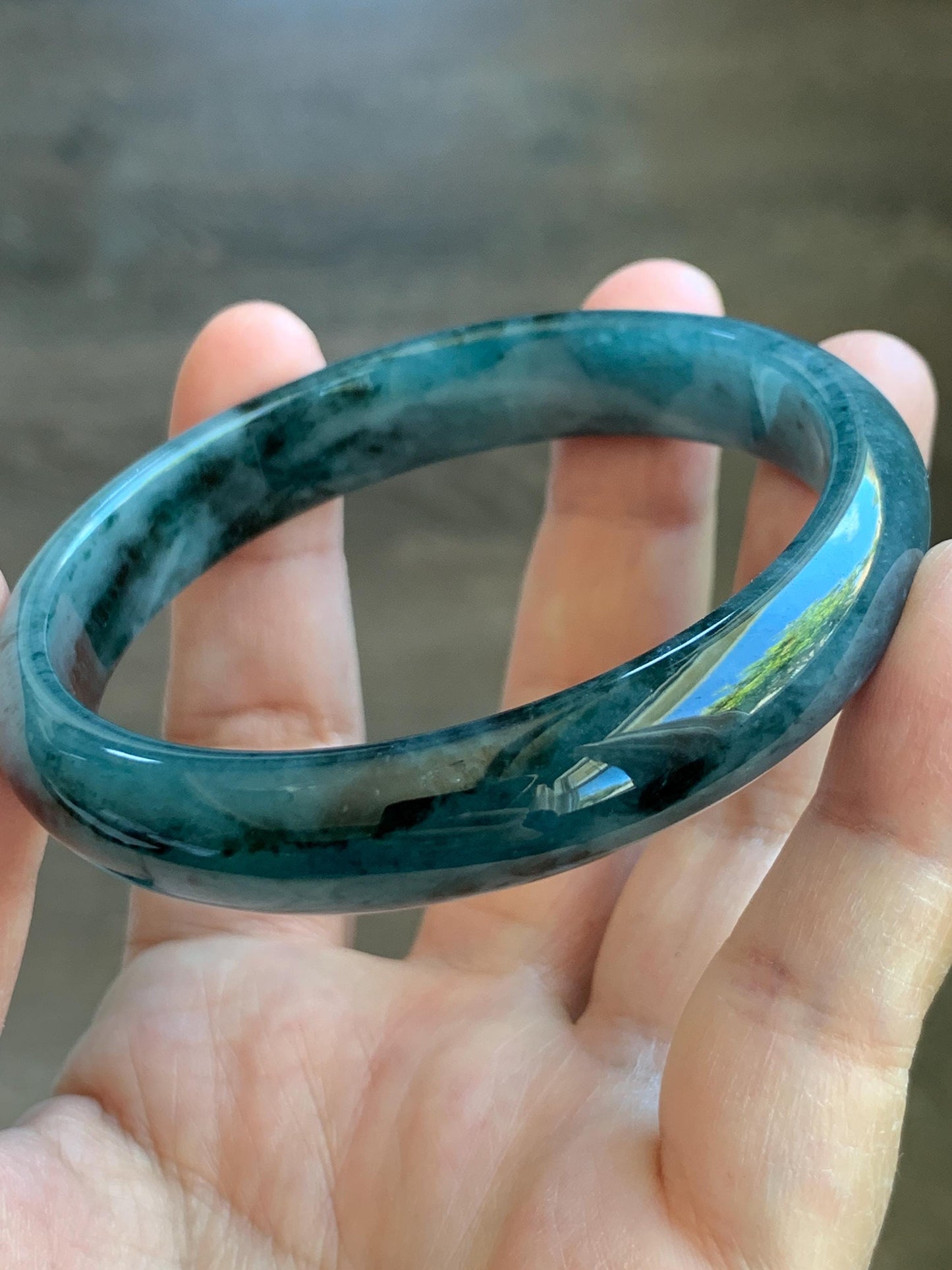 Certified Natural Grade A Guatemalan Icy Translucent Dusty Teal Blue Marbled Jade Jadeite Wide Bangle 59.6mm 7.36” 42.5g 天然冰危蓝飘花翡翠正圈宽版手镯 505