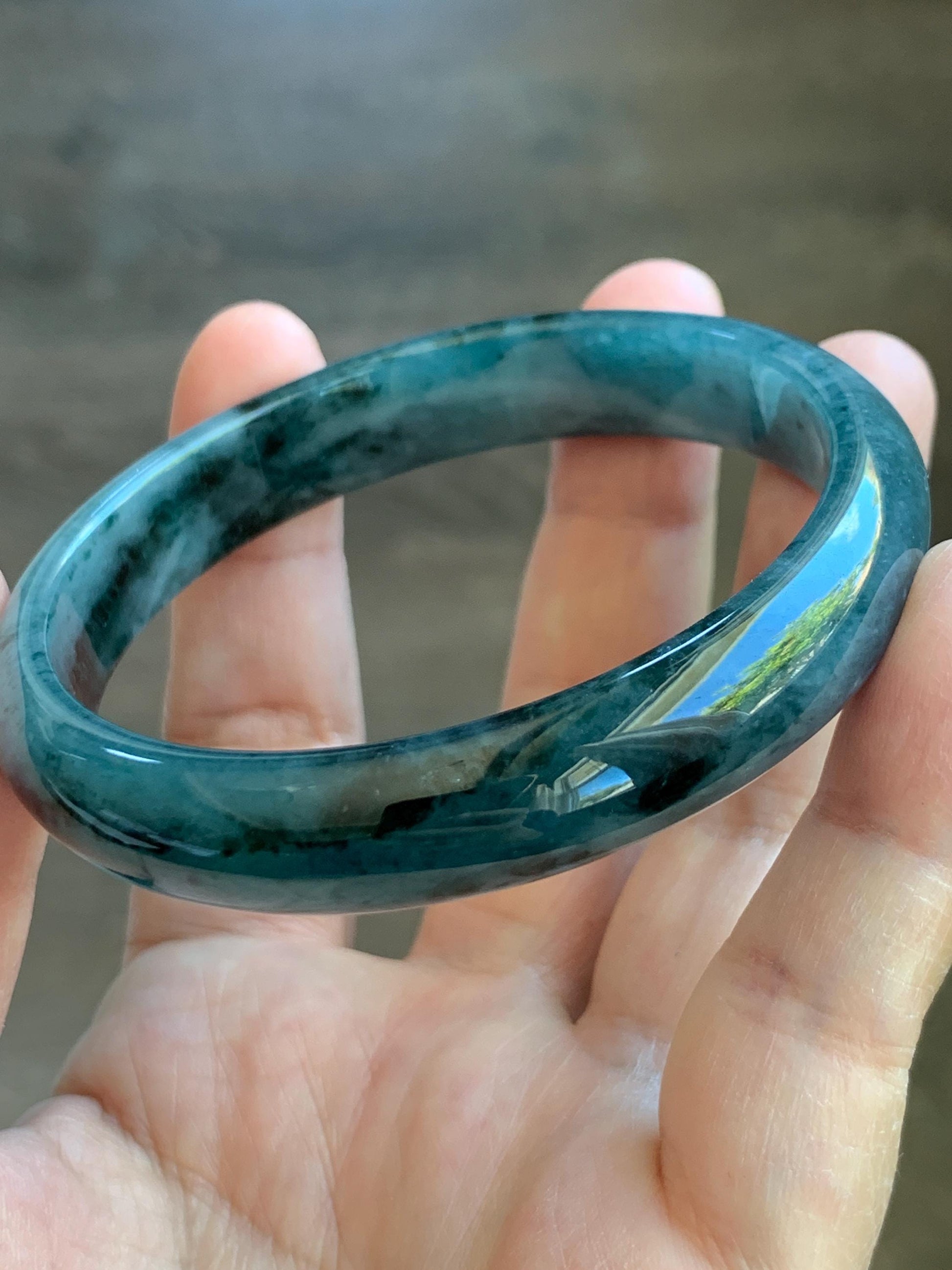 Certified Natural Grade A Guatemalan Icy Translucent Dusty Teal Blue Marbled Jade Jadeite Wide Bangle 59.6mm 7.36” 42.5g 天然冰危蓝飘花翡翠正圈宽版手镯 505