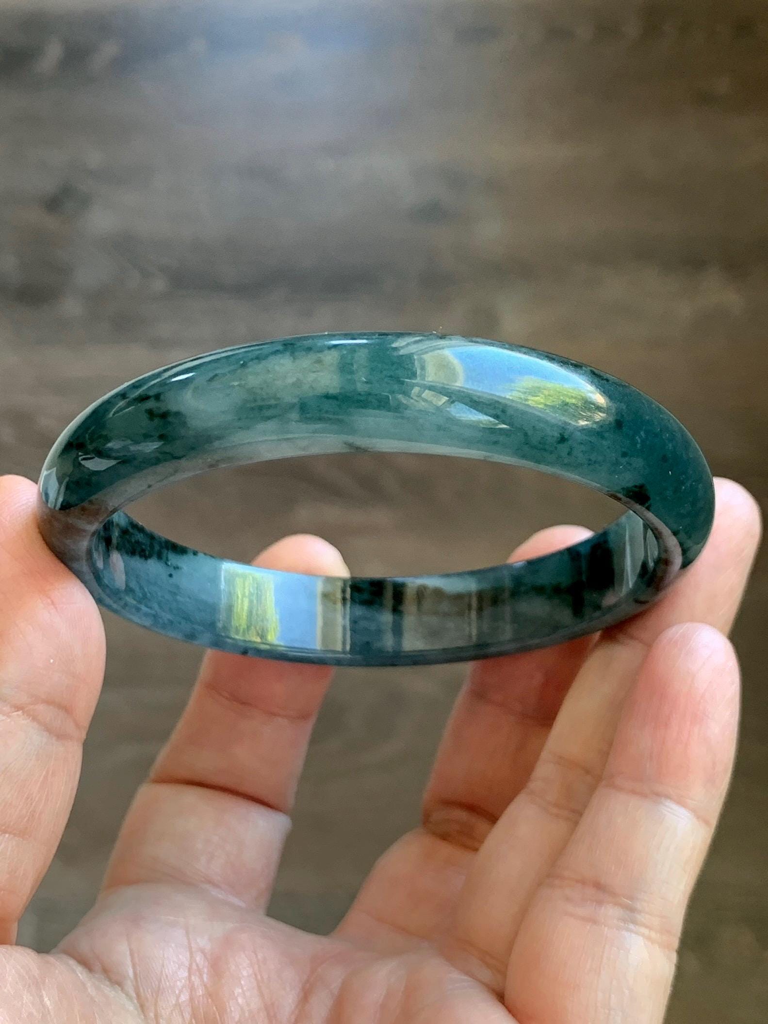 Certified Natural Grade A Guatemalan Icy Translucent Dark Teal Blue Marbled Jade Jadeite Wide Bangle 59.5mm 7.36” 41g 天然冰危深蓝飘花翡翠正圈宽版手镯 504