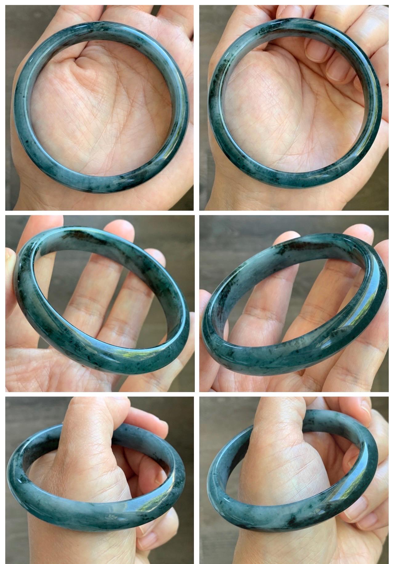 Certified Natural Grade A Guatemalan Icy Translucent Dark Teal Blue Marbled Jade Jadeite Wide Bangle 59.5mm 7.36” 41g 天然冰危深蓝飘花翡翠正圈宽版手镯 504