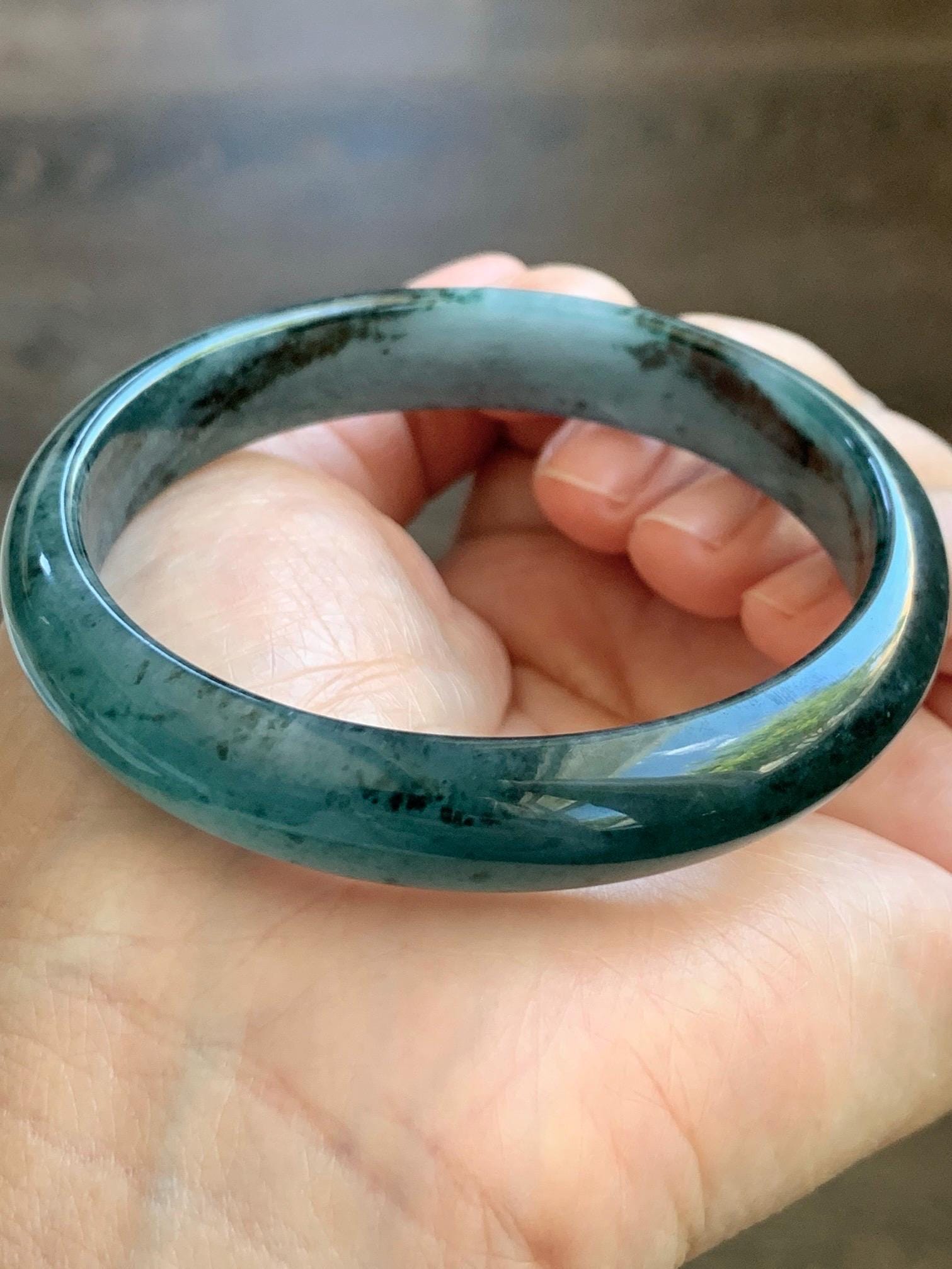 Certified Natural Grade A Guatemalan Icy Translucent Dark Teal Blue Marbled Jade Jadeite Wide Bangle 59.5mm 7.36” 41g 天然冰危深蓝飘花翡翠正圈宽版手镯 504