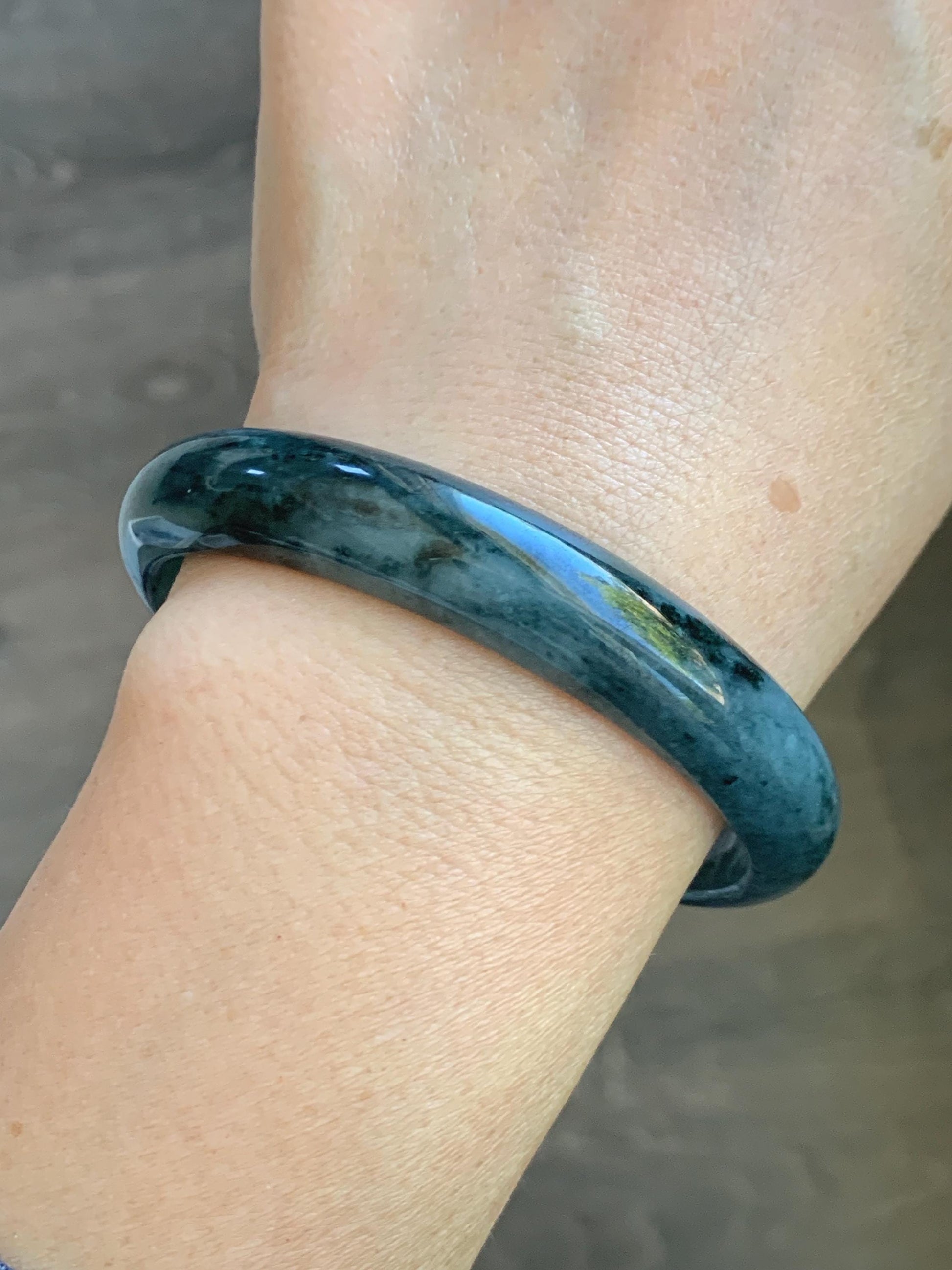 Certified Natural Grade A Guatemalan Icy Translucent Dark Teal Blue Marbled Jade Jadeite Wide Bangle 59.5mm 7.36” 41g 天然冰危深蓝飘花翡翠正圈宽版手镯 504