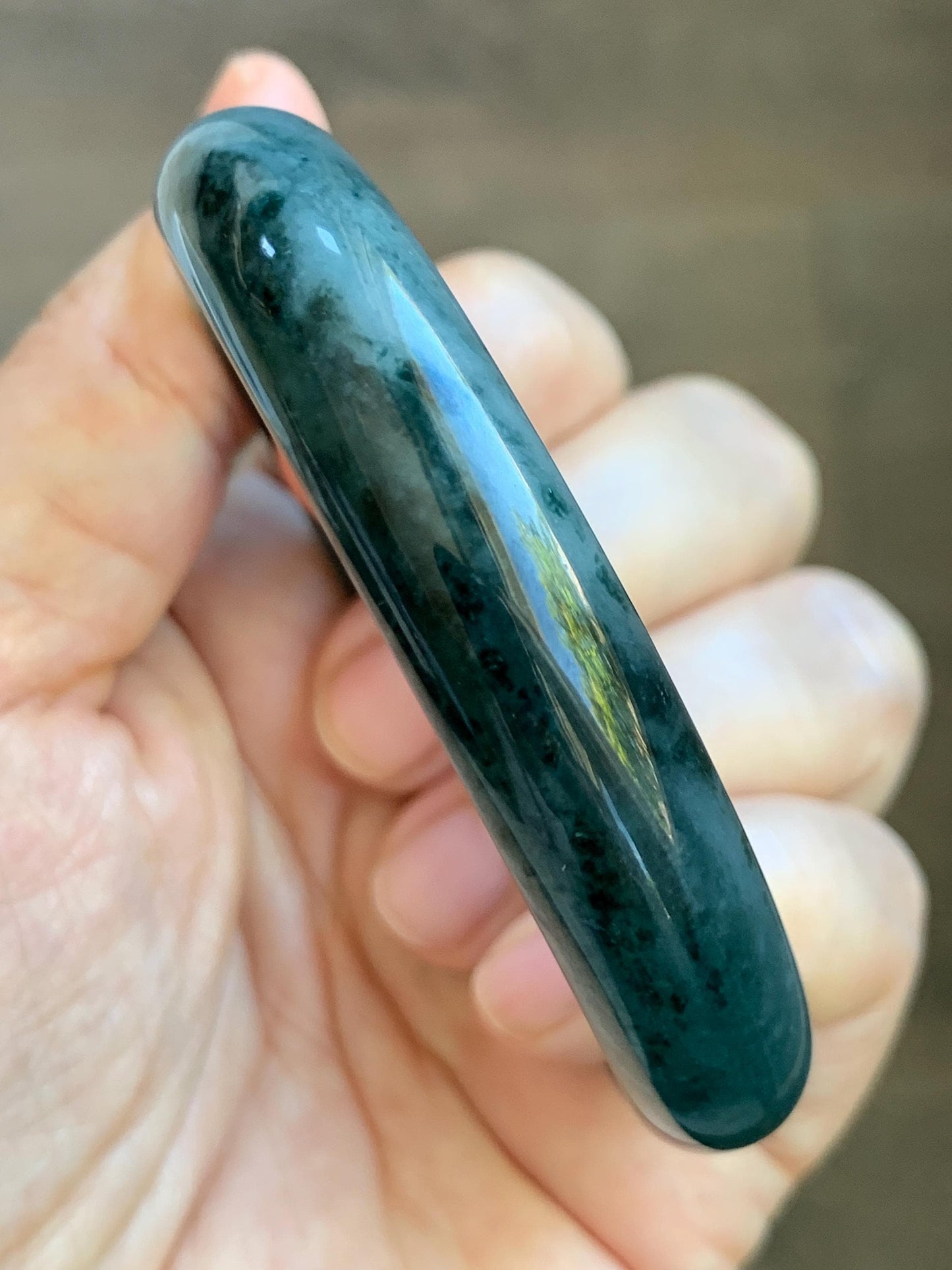 Certified Natural Grade A Guatemalan Icy Translucent Dark Teal Blue Marbled Jade Jadeite Wide Bangle 59.5mm 7.36” 41g 天然冰危深蓝飘花翡翠正圈宽版手镯 504