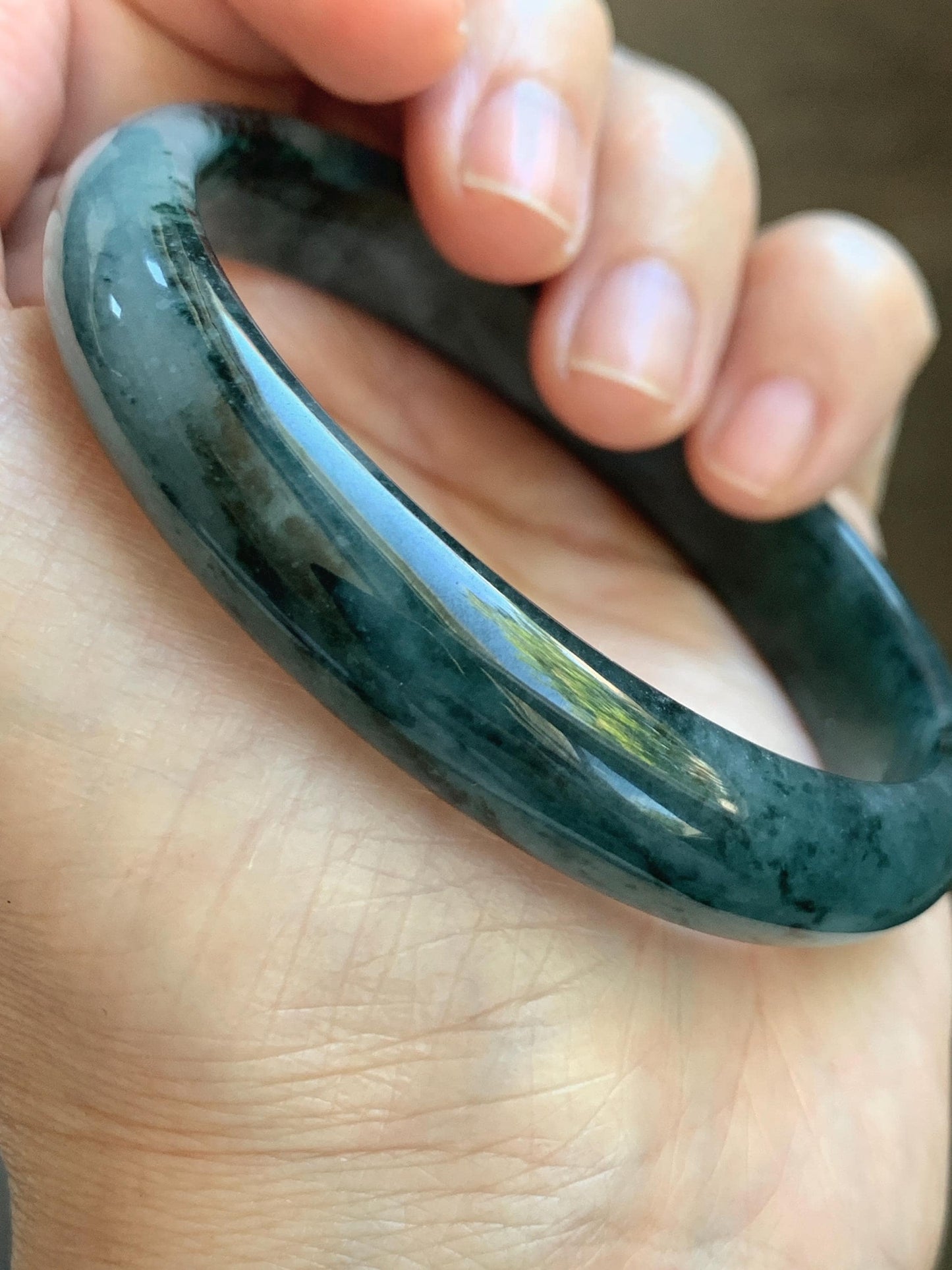 Certified Natural Grade A Guatemalan Icy Translucent Dark Teal Blue Marbled Jade Jadeite Wide Bangle 59.5mm 7.36” 41g 天然冰危深蓝飘花翡翠正圈宽版手镯 504