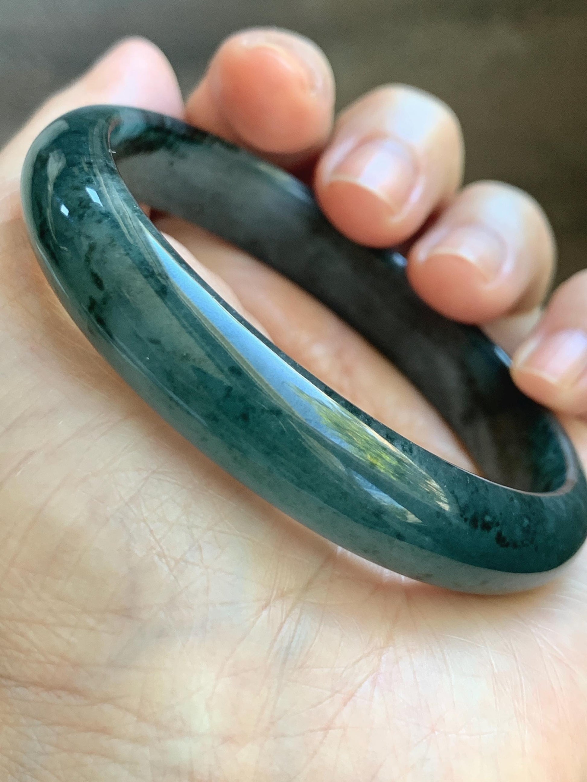 Certified Natural Grade A Guatemalan Icy Translucent Dark Teal Blue Marbled Jade Jadeite Wide Bangle 59.5mm 7.36” 41g 天然冰危深蓝飘花翡翠正圈宽版手镯 504