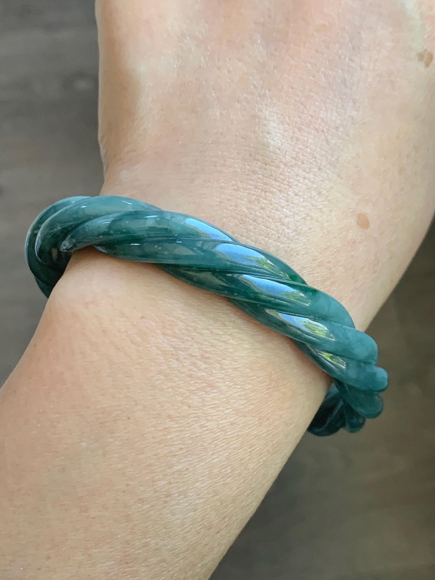 Certified Natural Grade A Guatemalan Icy Translucent Dark Dusty Teal Marbled Jade Jadeite Carved Braid Bangle 61.6mm 7.6” 天然冰危暗蓝飘花翡翠麻花手镯 499